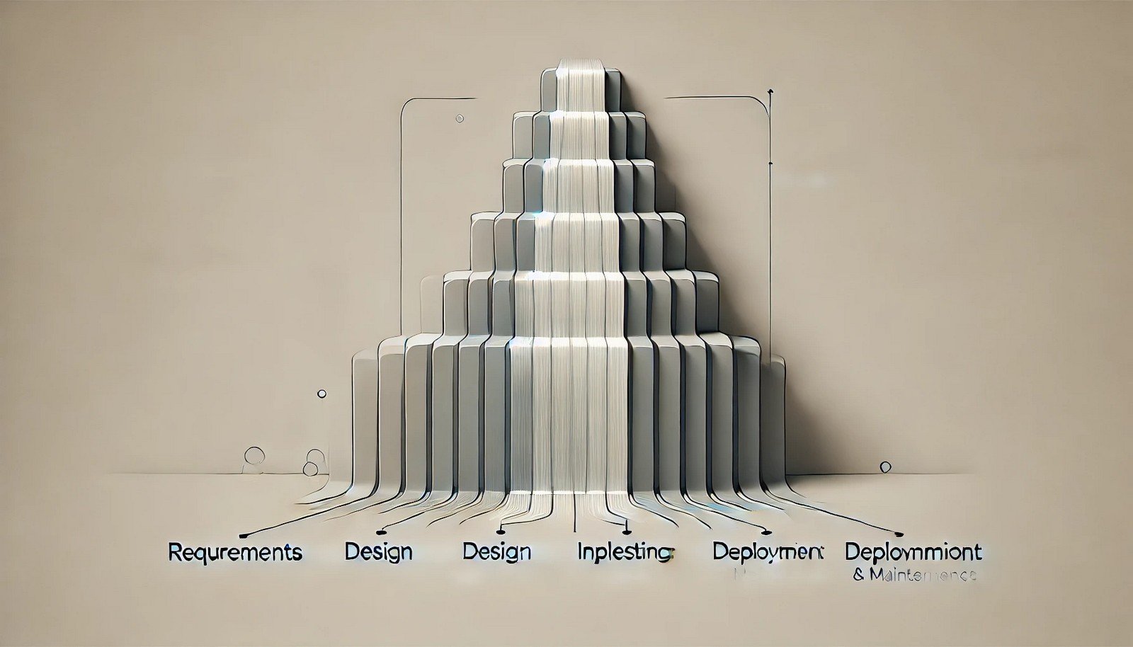 An abstract illustration of the Waterfall Model as a cascading waterfall with distinct layers symbolizing a step-by-step process. Minimalistic design, muted tones, and a neutral background highlight the sequential flow.