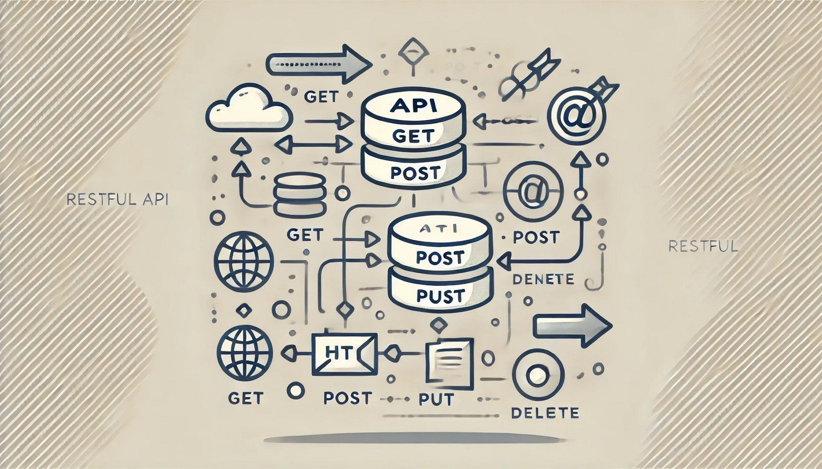 A minimalistic illustration of RESTful API showing client-server interaction with arrows for HTTP methods, abstract icons for resources, and data flow representation in a modern design.