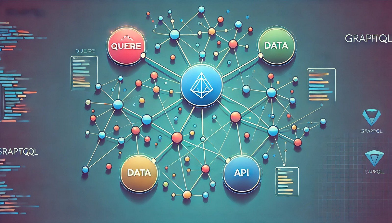 A minimalist digital illustration of GraphQL featuring a central node emitting lines to smaller interconnected nodes, symbolizing efficient data transfer and communication in a web-like pattern, with modern colors.