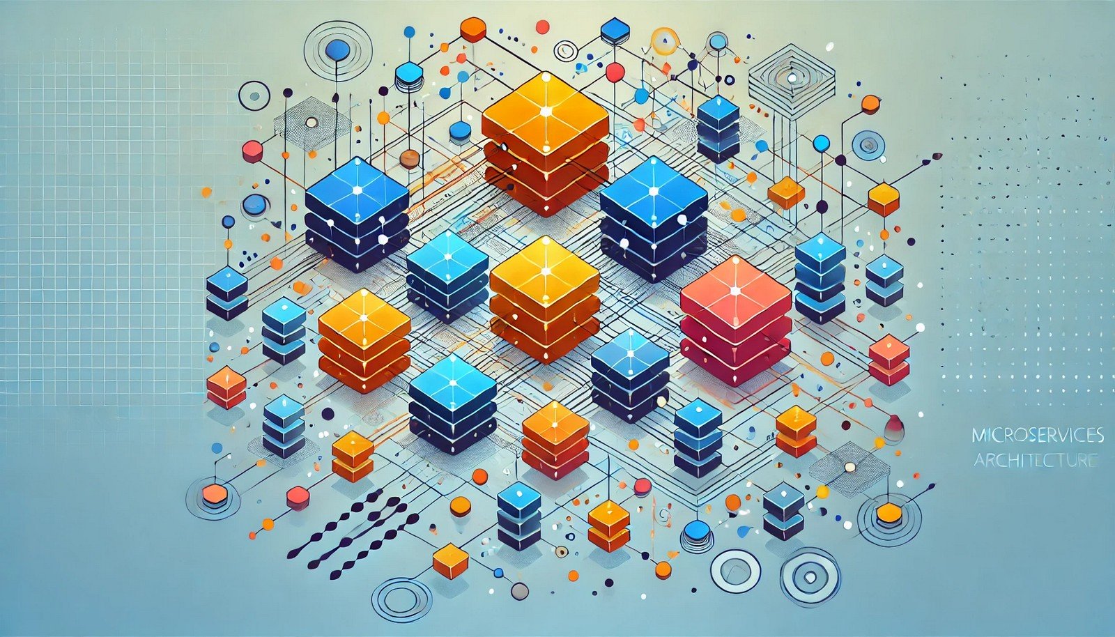 An abstract illustration of microservices architecture showing independent, interconnected geometric modules linked by lines, symbolizing API communication, with a clean, modern aesthetic and vibrant colors.