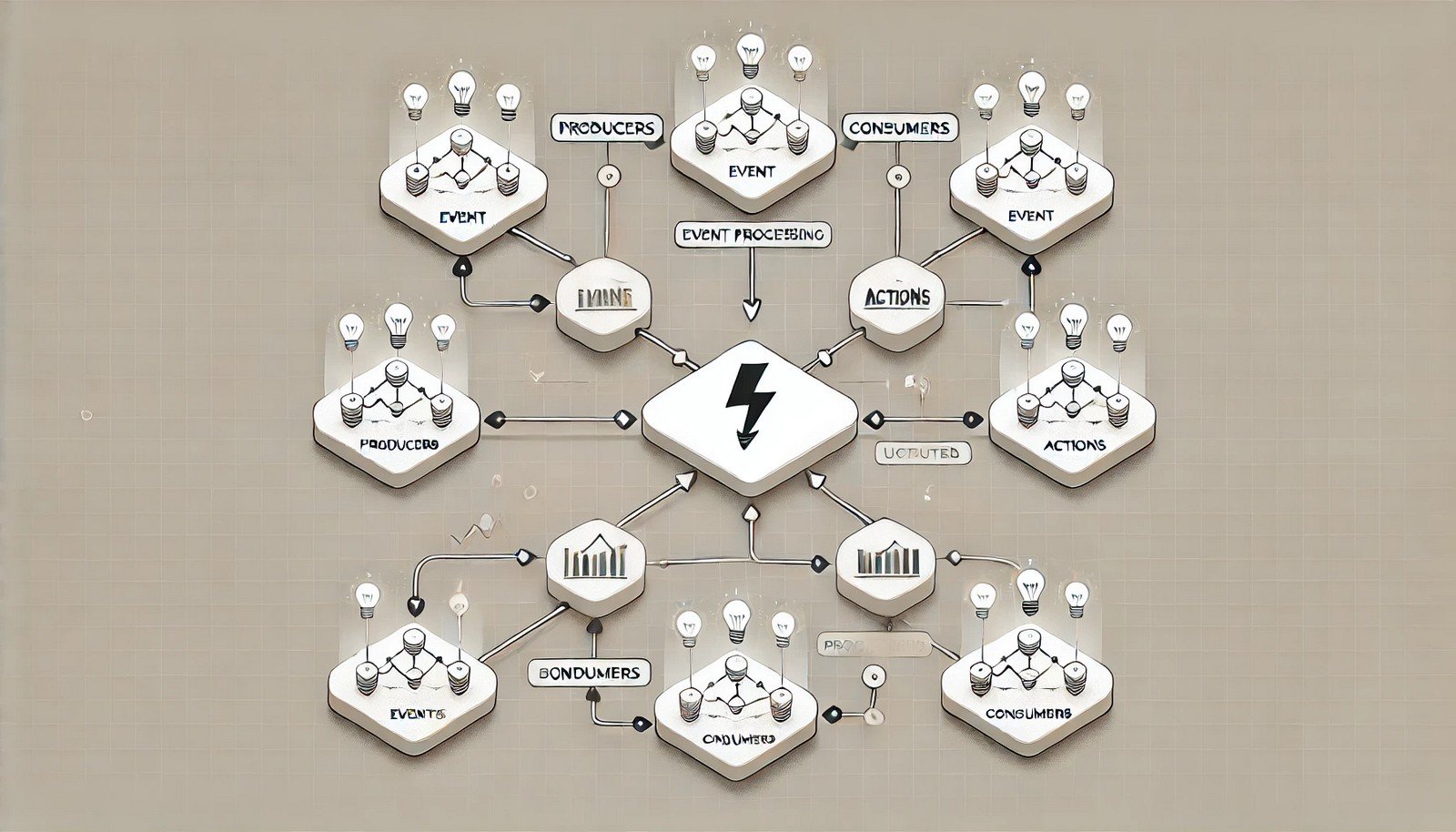 A minimalist illustration of Event-Driven Architecture with a central node emitting a lightning bolt icon, triggering connected nodes represented by glowing light bulbs and updated graphs, symbolizing responsive system interactions.