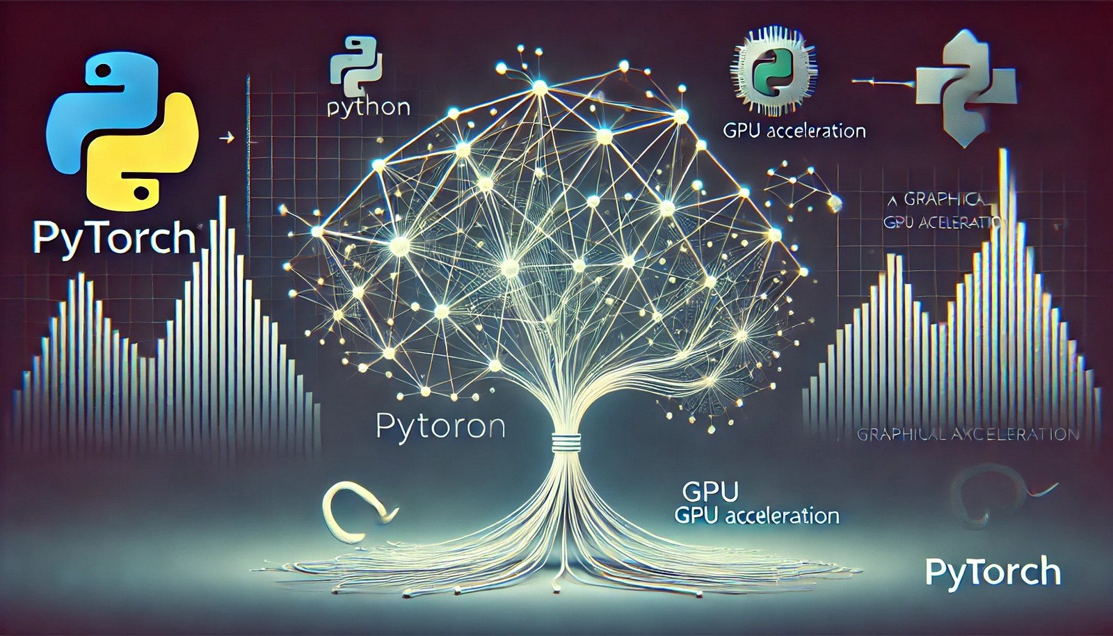  A dynamic neural network illustration with interconnected nodes and a graph structure, featuring a coiled Python snake and a GPU chip, symbolizing PyTorch's flexibility and computational power.