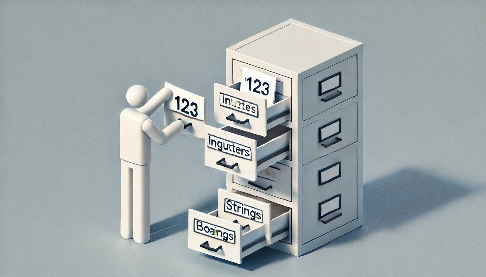  A minimalist illustration of a filing cabinet with labeled drawers representing data types, showing a person sorting a document into an integer drawer while rejecting a mismatched file.