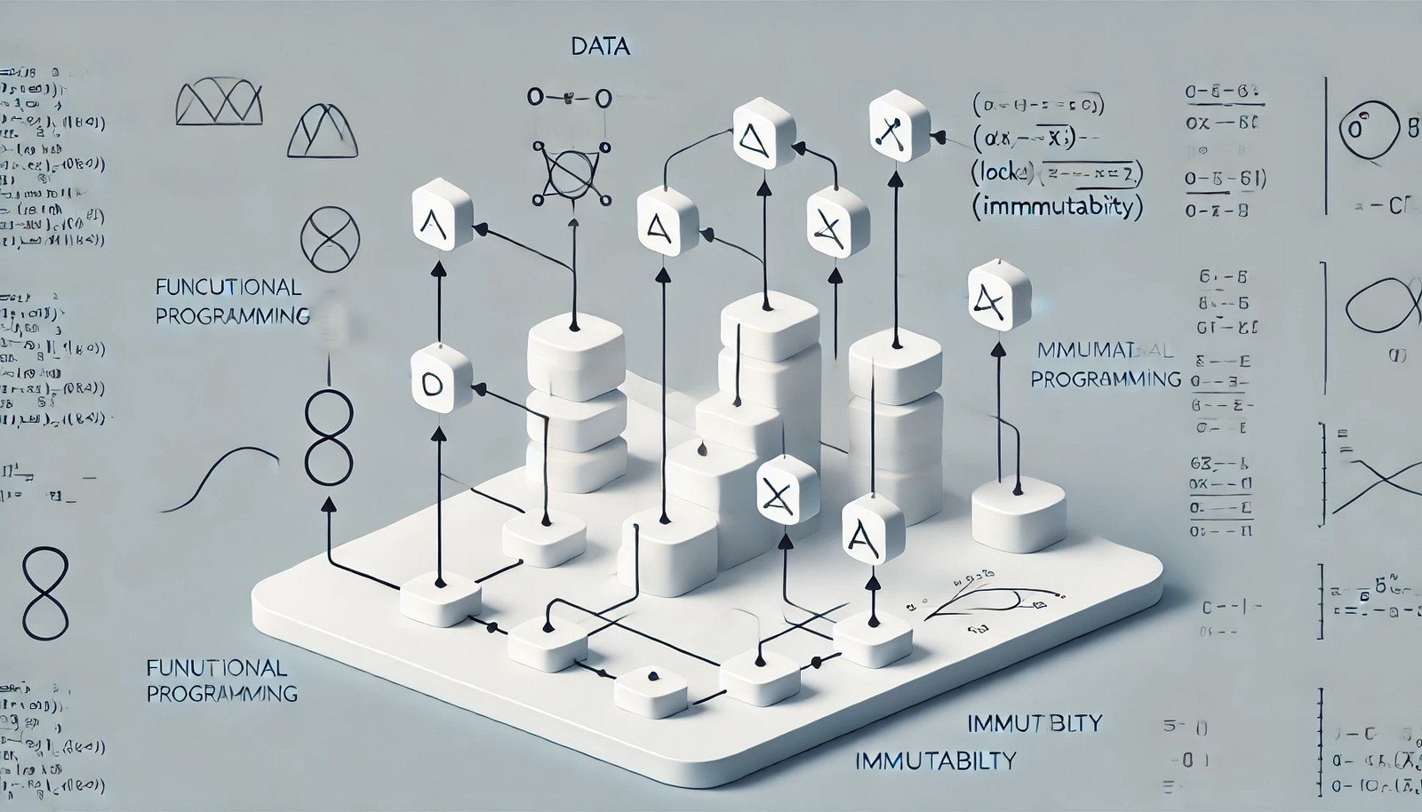 A minimalist representation of functional programming with interconnected nodes showing data flow, arrows indicating processing paths, and nodes symbolizing immutability using locks, arranged in a clean, modern design.