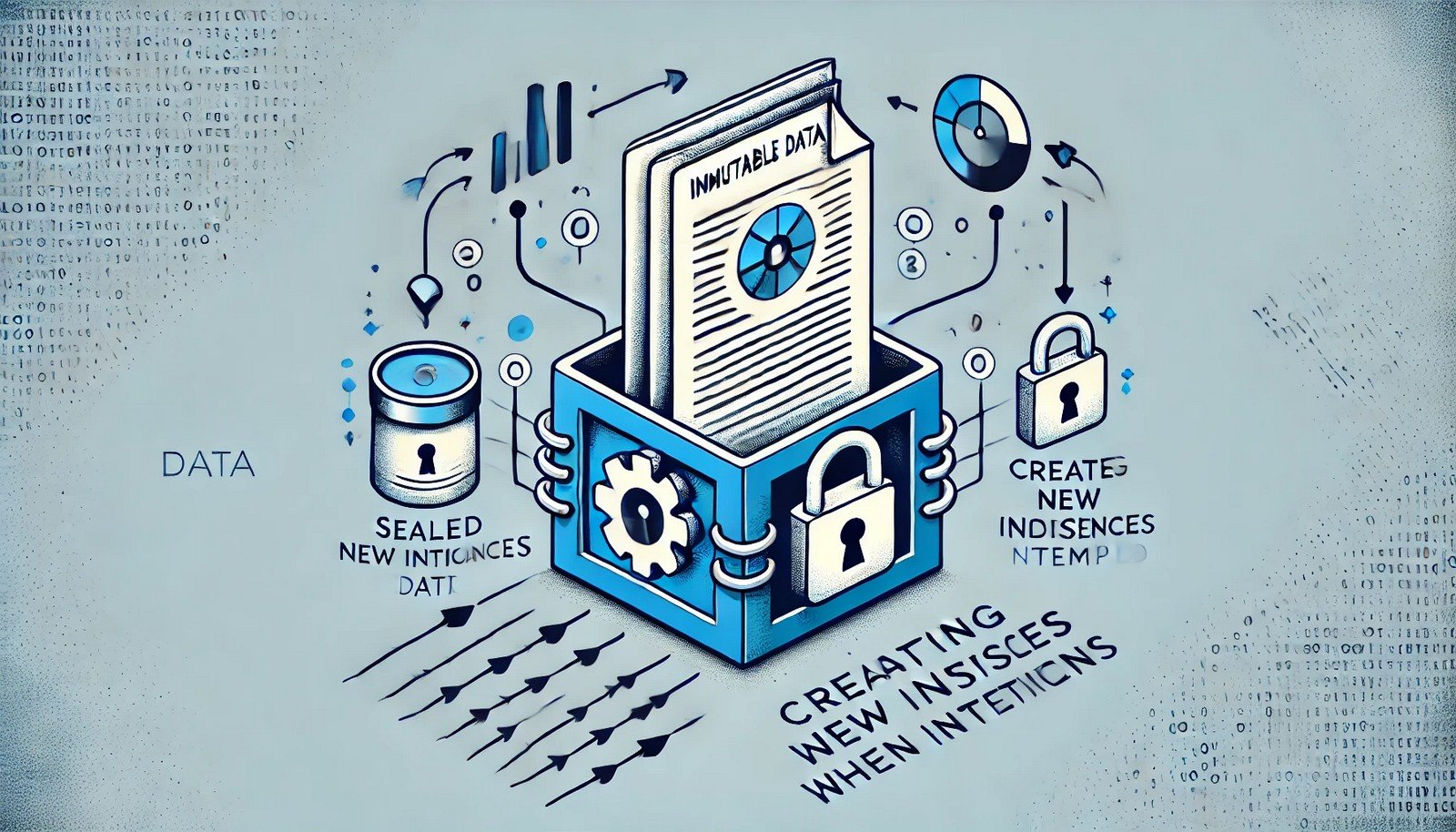 A visual representation of immutable data, featuring a sealed document and locked box symbolizing unchangeable data. Branching arrows indicate creating new instances upon modification attempts, with a clean, modern design.