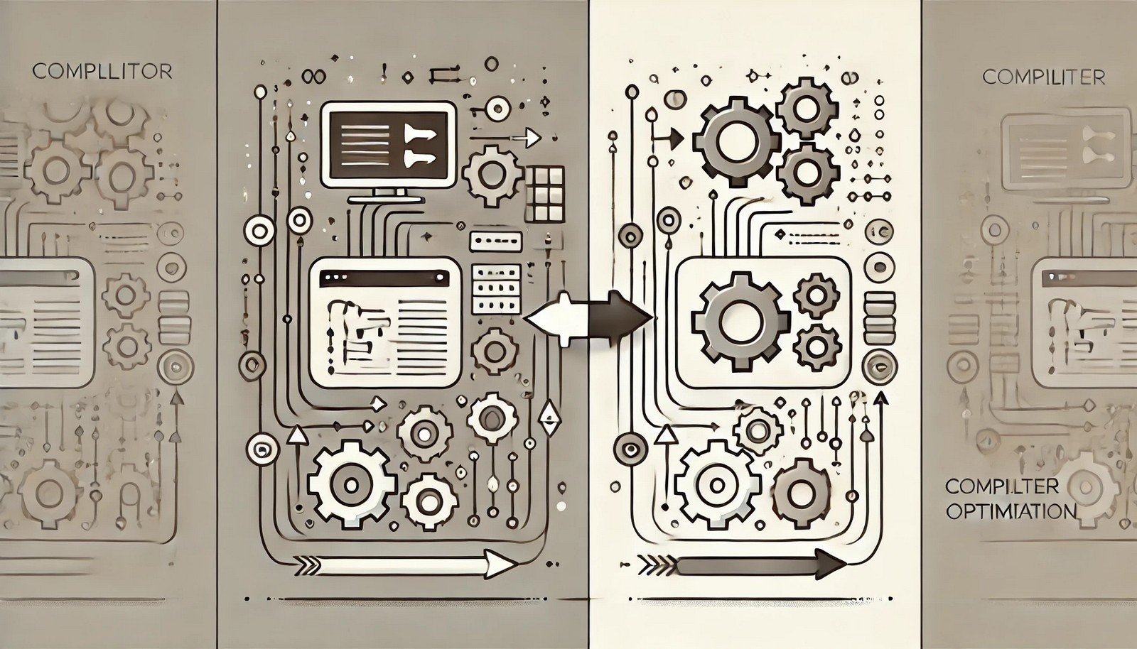 An illustration showing compiler optimization with gears and arrows, symbolizing efficiency. One side features a cluttered workflow, transitioning to a streamlined, organized process, against a minimalistic background.