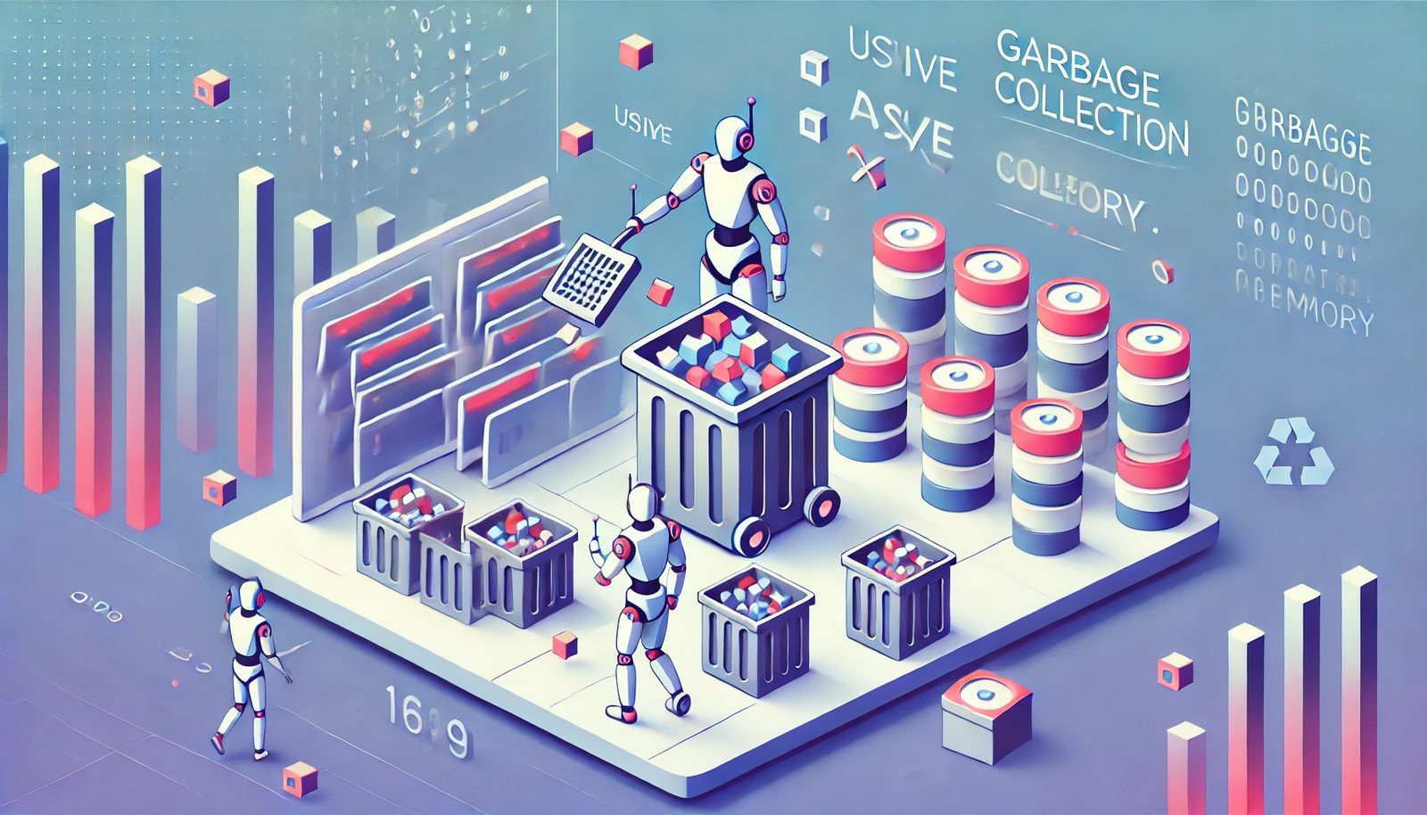 A futuristic robot in a computer-themed environment organizing scattered, unused data blocks into a designated area, while vibrant active data blocks remain neatly arranged, symbolizing garbage collection in memory management.