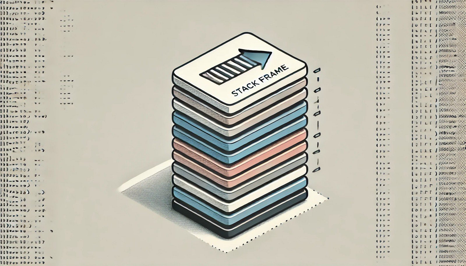 A clean digital illustration of a stack of rectangular layers representing stack frames in a call stack, with an arrow pointing to the top layer. Abstract and text-free design.