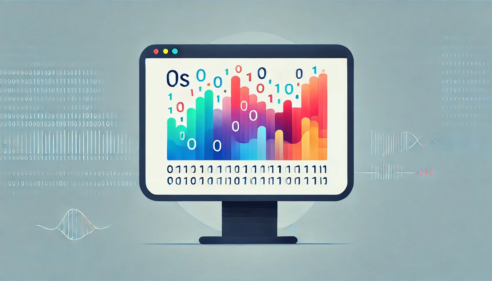 A modern digital illustration showing binary code (0s and 1s) flowing from a computer screen, transforming into abstract colorful visuals of text, images, and sound waves on a gradient background.