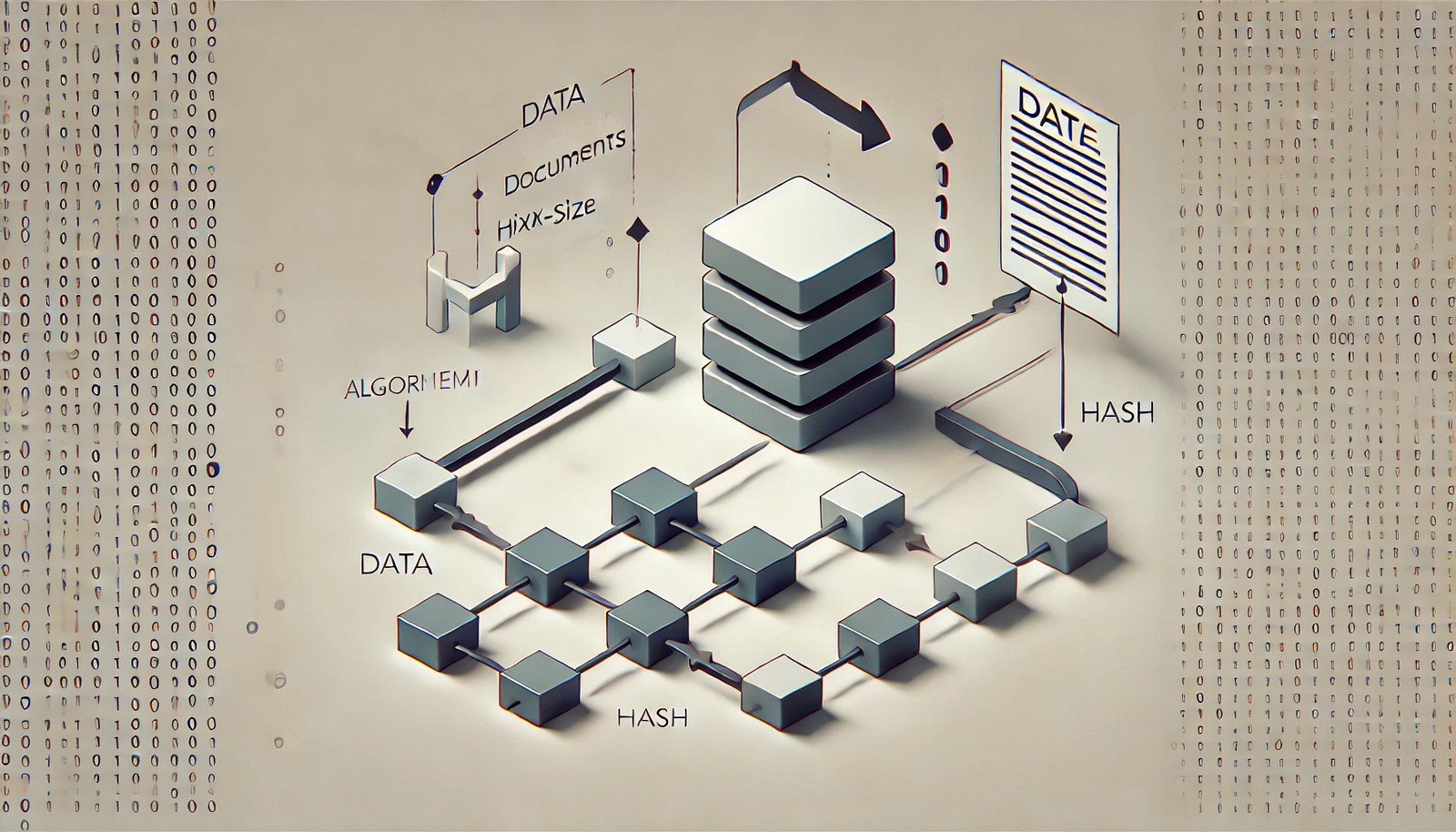 An abstract illustration showing data represented as binary or documents entering a processor, transforming into uniform-sized hash blocks with arrows depicting a one-way cryptographic hashing process. Clean and minimalistic.