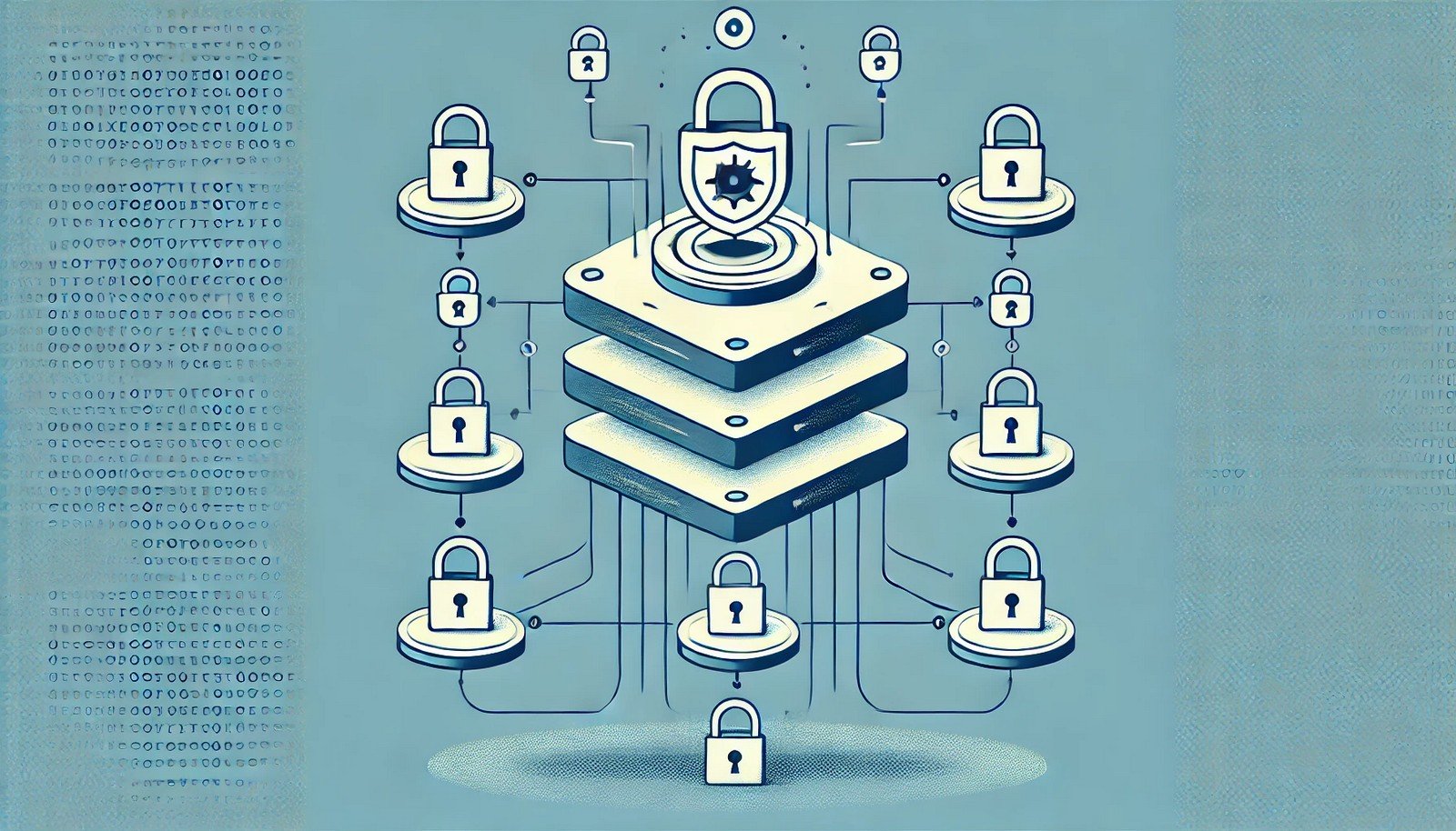 An abstract representation of Public Key Infrastructure (PKI) showing a hierarchical trust system with a central authority issuing certificates and two entities securely exchanging encrypted messages using padlocks.