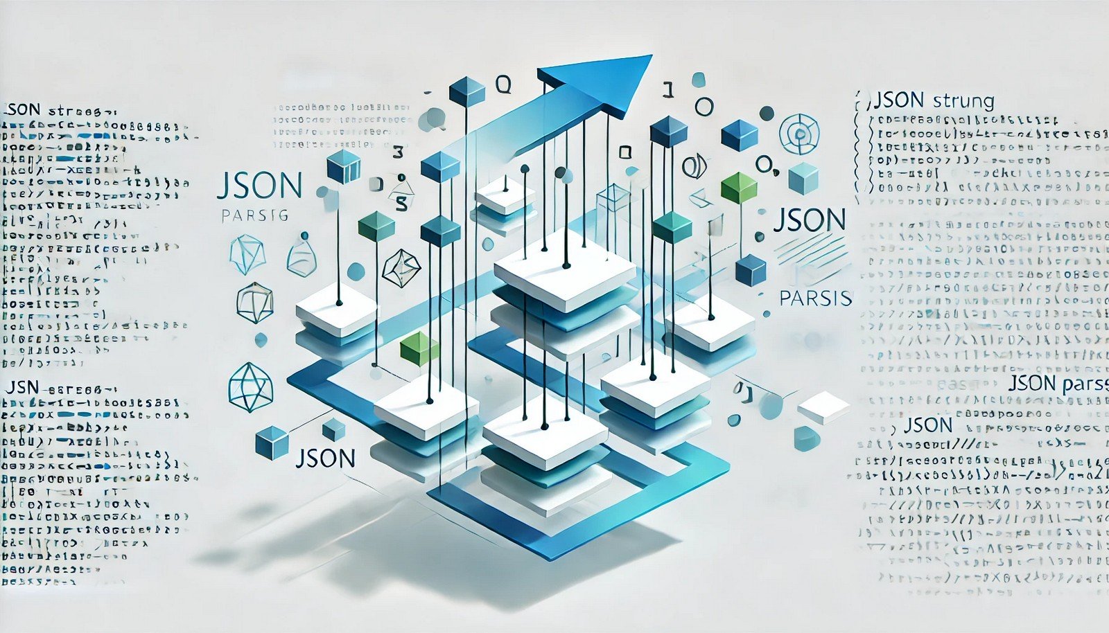 Illustration showing JSON Parsing as scattered symbols transforming into organized blocks through arrows, representing the conversion of JSON strings into structured data objects. Minimalist design with blues and greens.