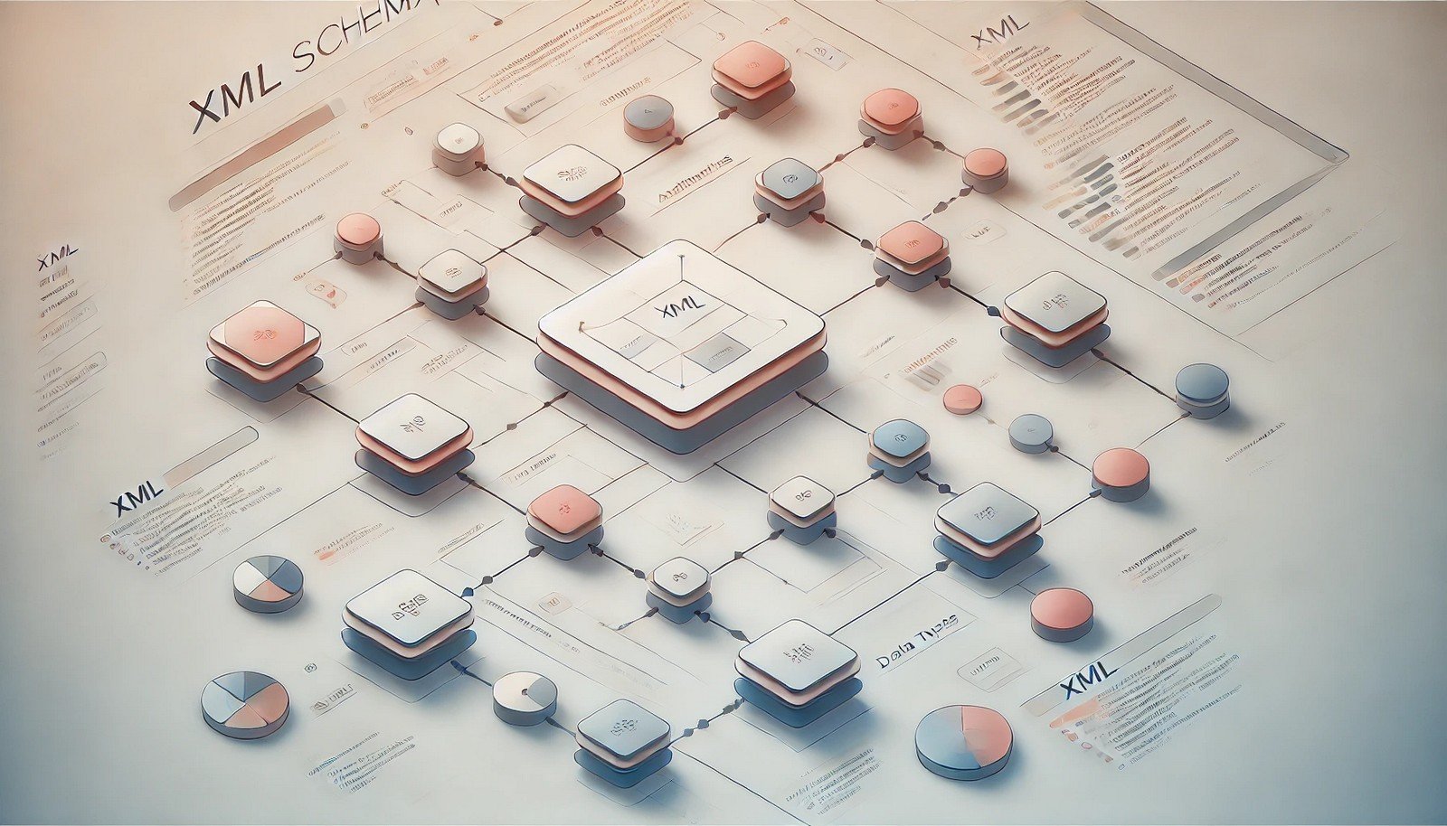 A minimalistic illustration of XML Schema concept, showing a hierarchical diagram with connected nodes representing XML elements, attributes, and data types in a structured and clean layout.