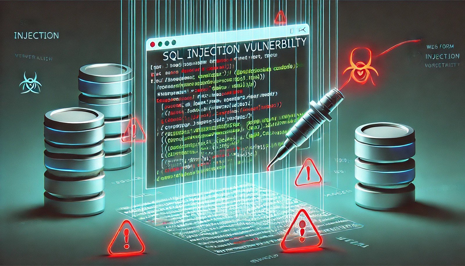 A visual depiction of SQL Injection vulnerability, showing a glowing red code snippet flowing from a web form input field towards a database server, symbolizing the exploitation of insecure data validation.