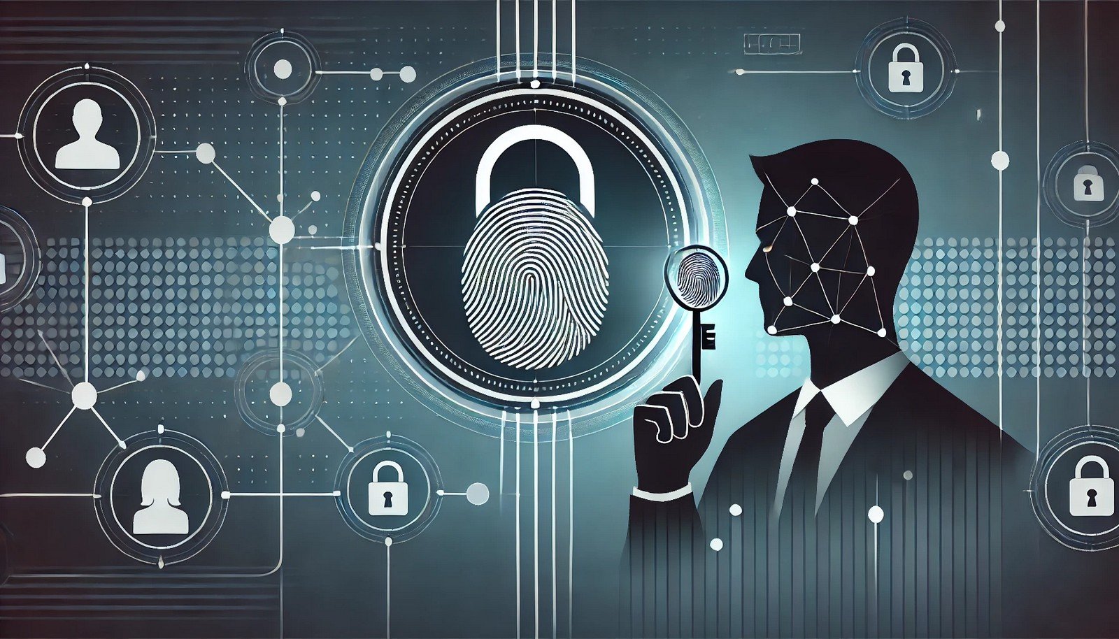 A modern illustration showing a secure digital lock with a user silhouette holding a fingerprint-shaped key. The background features abstract lines and nodes symbolizing a digital network.