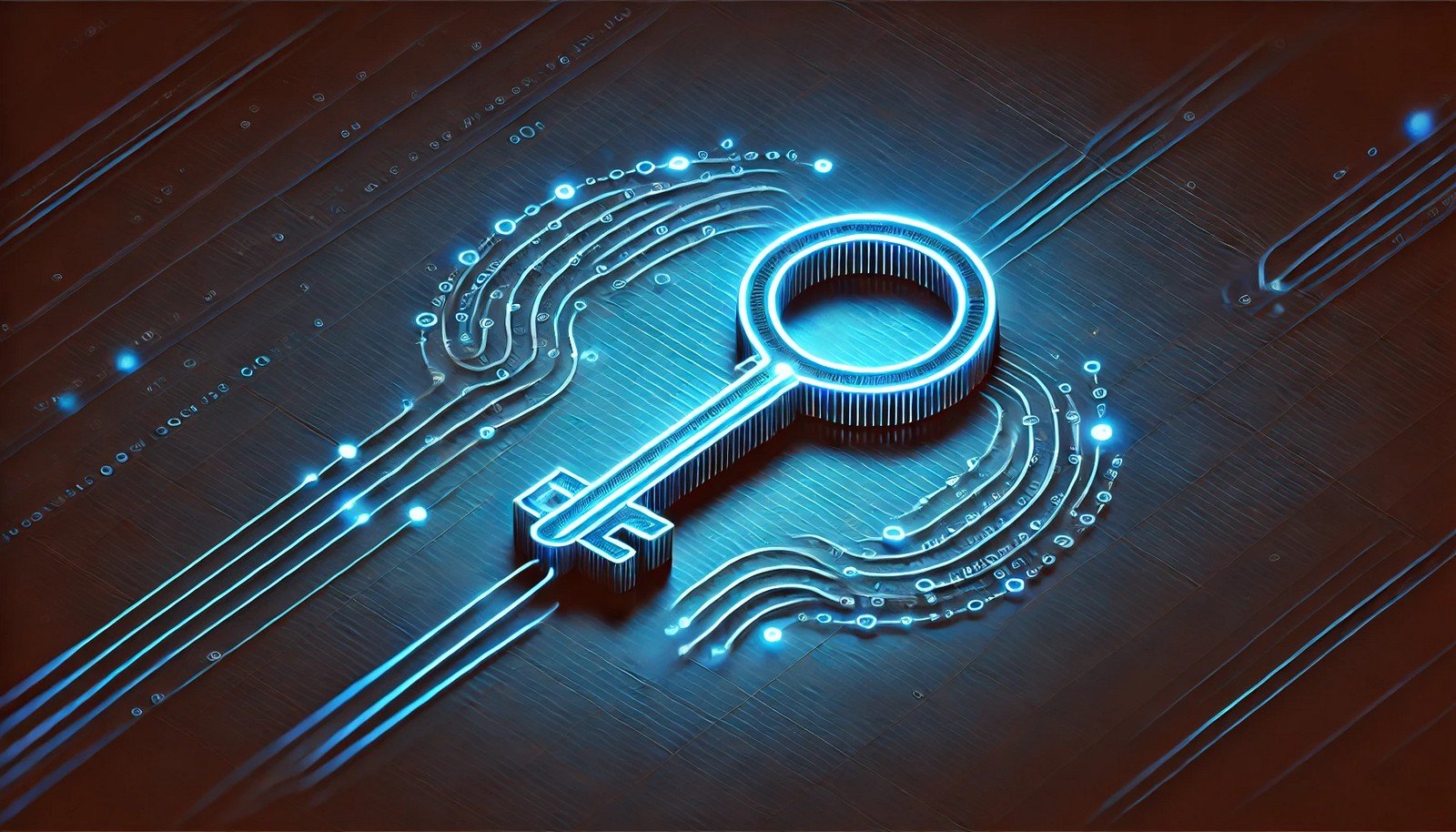  A glowing key intertwined with encoded characters next to a secure digital lock, symbolizing authorization tokens, depicted with futuristic neon blues on a dark gradient background.