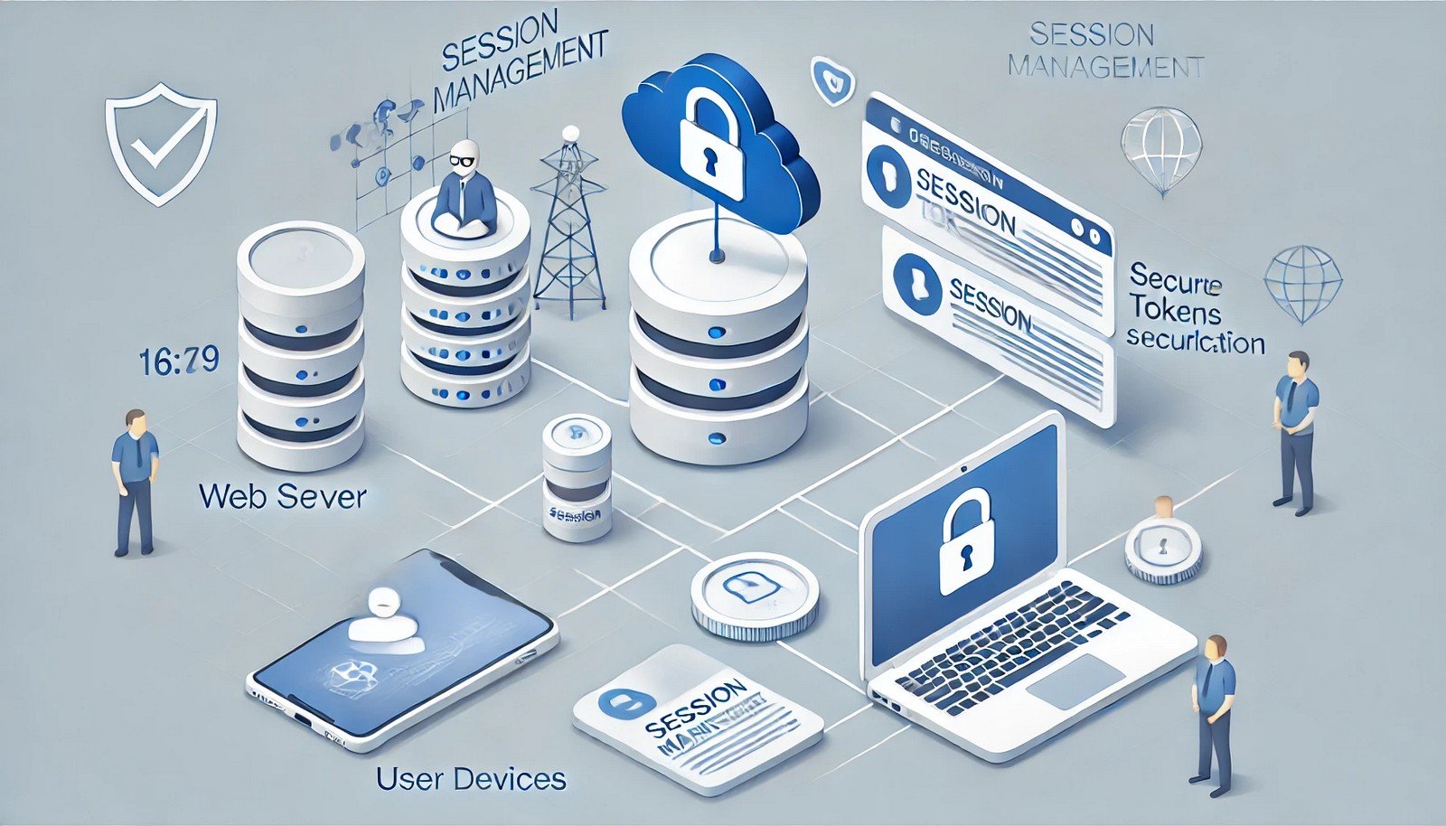 Illustration of session management showing a web server, laptop, and smartphone interconnected with secure tokens or cookies symbolizing seamless and secure communication between devices.