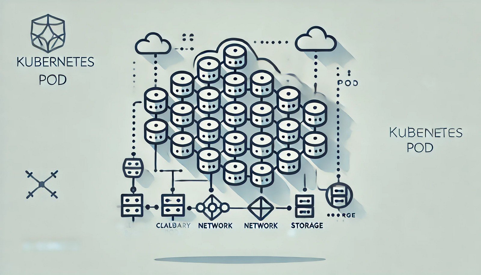 Minimalistic illustration of Kubernetes Pods in a cluster environment, showing interconnected small rounded containers sharing a network and storage, symbolizing scalability, modularity, and collaboration in cloud-native applications.