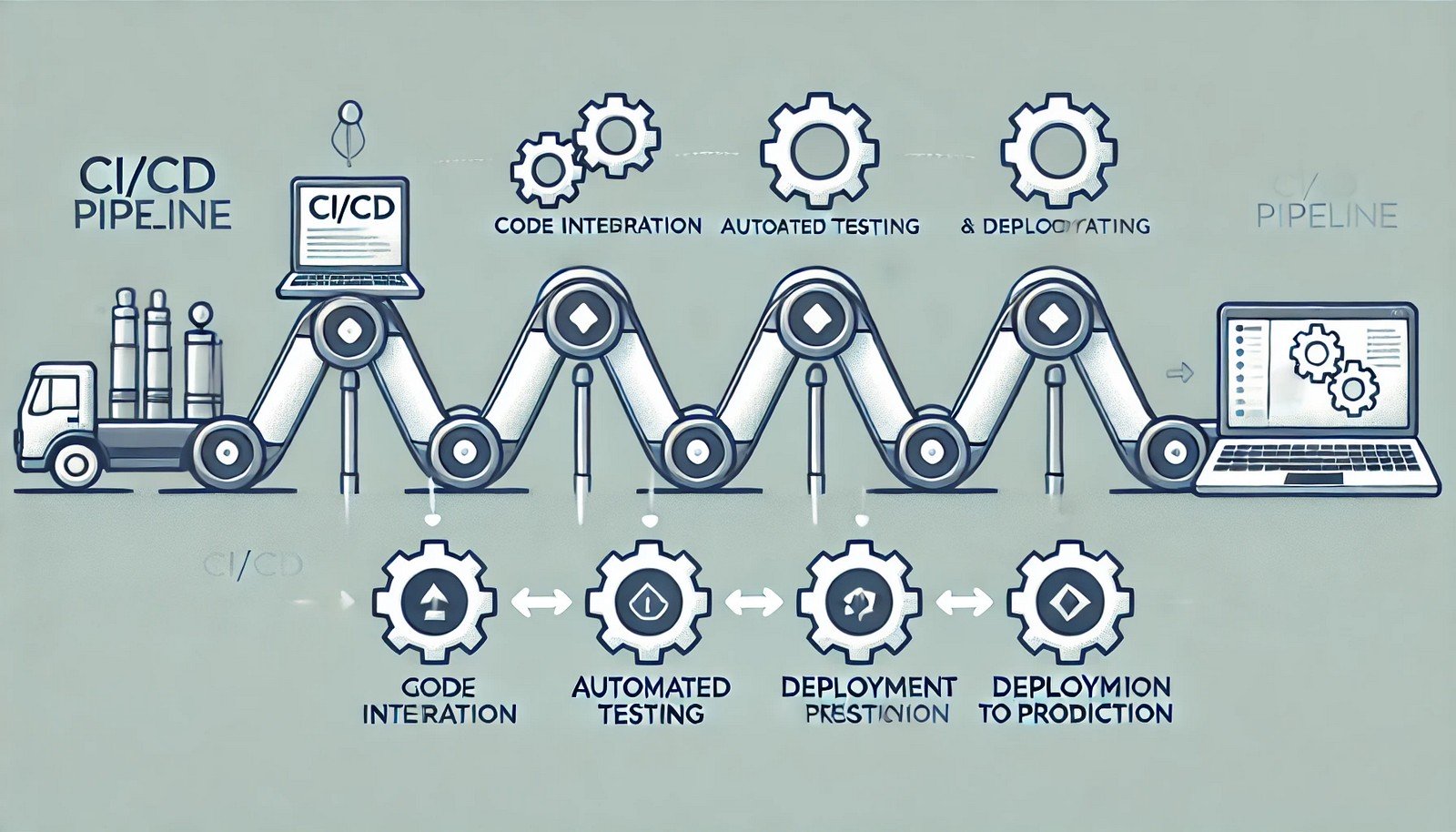 A minimalist illustration of a CI/CD pipeline shown as a conveyor belt with distinct stages for code integration, automated testing, and deployment, featuring symbolic gears and progress indicators.