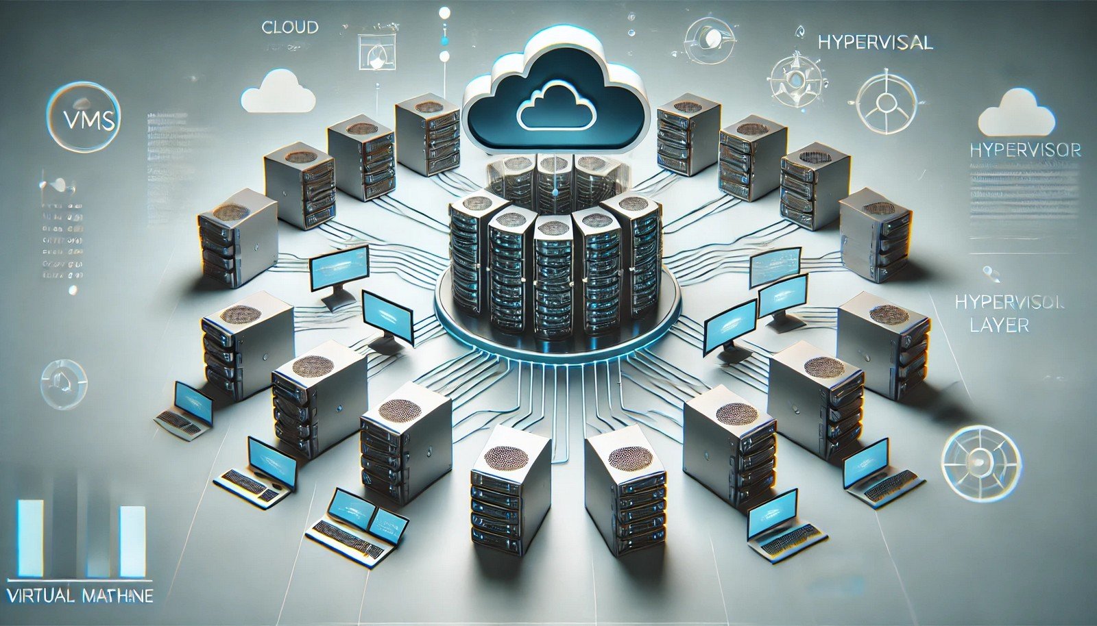 A conceptual illustration showing a central server managing multiple isolated virtual environments through a hypervisor layer, symbolizing virtualization and cloud infrastructure in a professional and minimalistic design.