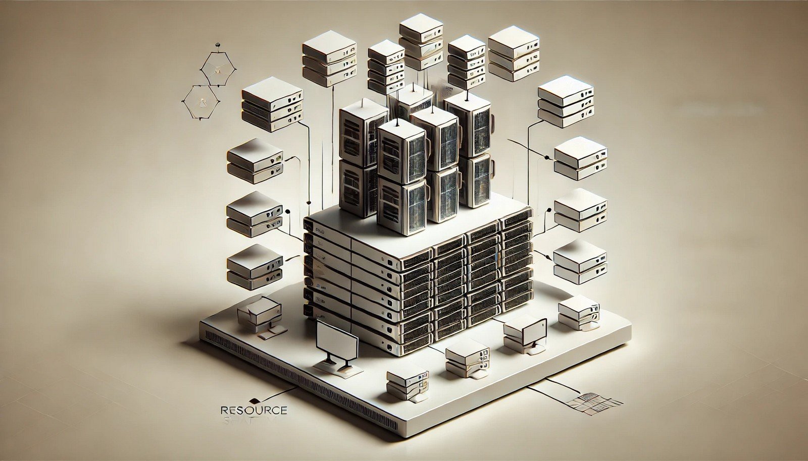 An abstract illustration of a hypervisor concept showing a physical server at the base with multiple virtual machines layered above, connected subtly to depict resource sharing.