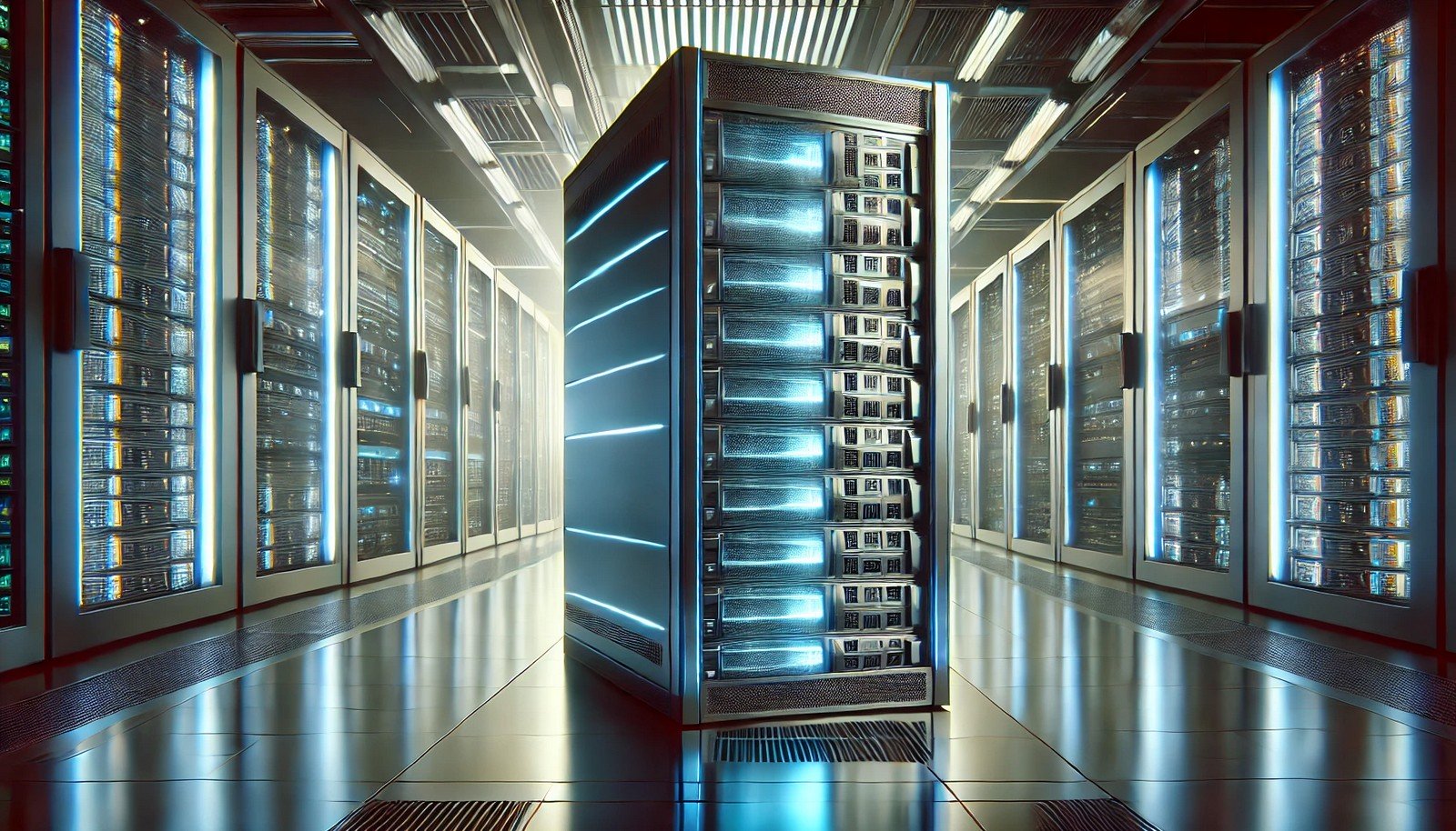 A sleek and modern bare-metal server in a futuristic data center with glowing ambient lighting, showcasing visible hardware components like racks and processors, symbolizing cutting-edge technology.