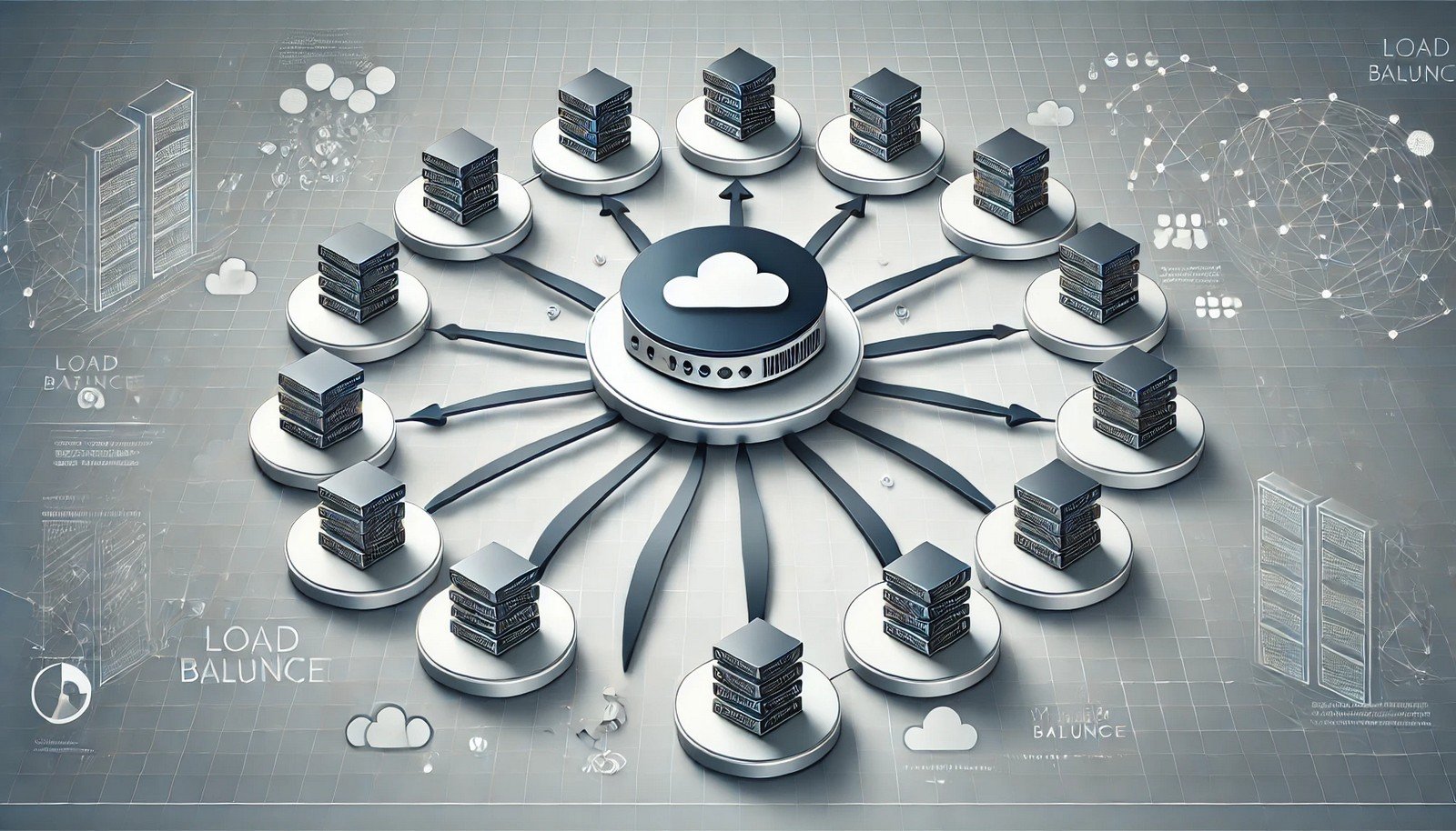 A modern illustration of a load balancer in a digital network distributing traffic to multiple servers, represented with smooth arrows and a grid-patterned background, emphasizing simplicity and balance.