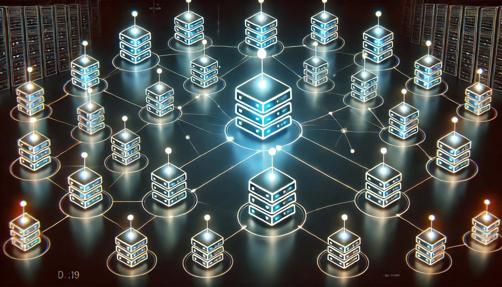 A network of glowing nodes interconnected by lines, symbolizing a distributed system with task sharing, collaboration, and fault tolerance on a dark, minimalistic background in a 16:9 aspect ratio.