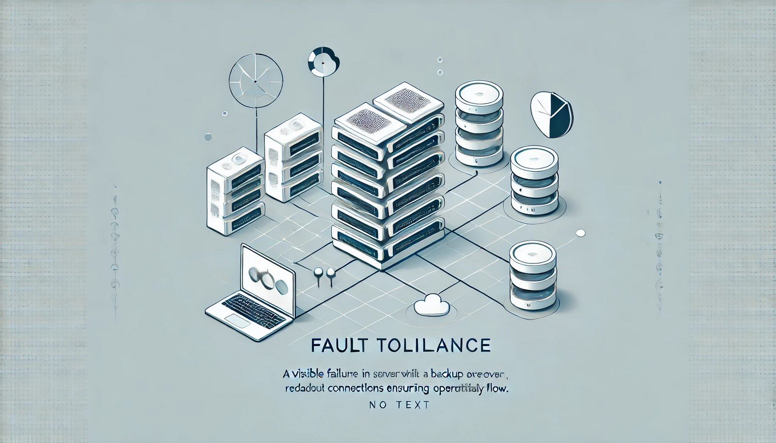 A minimalistic illustration of fault tolerance in a computer system, showing a failed server with a backup server seamlessly operating, connected through redundant lines ensuring uninterrupted functionality.