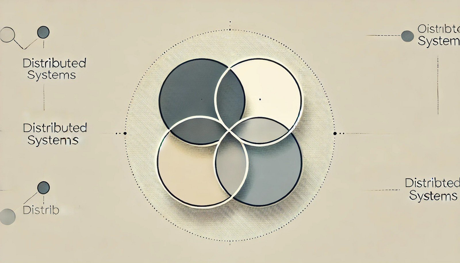 Three intersecting circles symbolizing abstract trade-offs in distributed systems, depicted with minimalistic design and soft neutral colors, emphasizing balance and the relationships between the circles' overlaps.