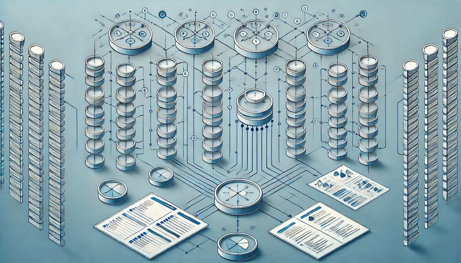 A modern illustration of a relational database with interconnected tables, rows, and columns highlighted by connecting lines, emphasizing data relationships and organizational structure in a clean design.