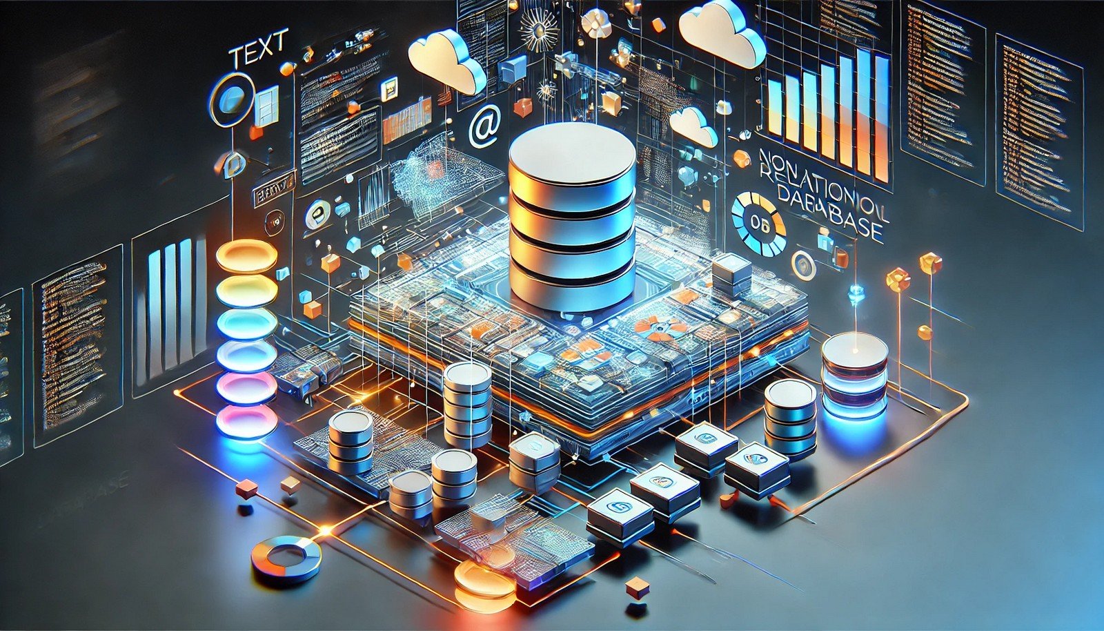 A futuristic illustration of a non-relational database concept with floating, interconnected blocks representing diverse data types like text, images, and graphs within a flexible abstract system.