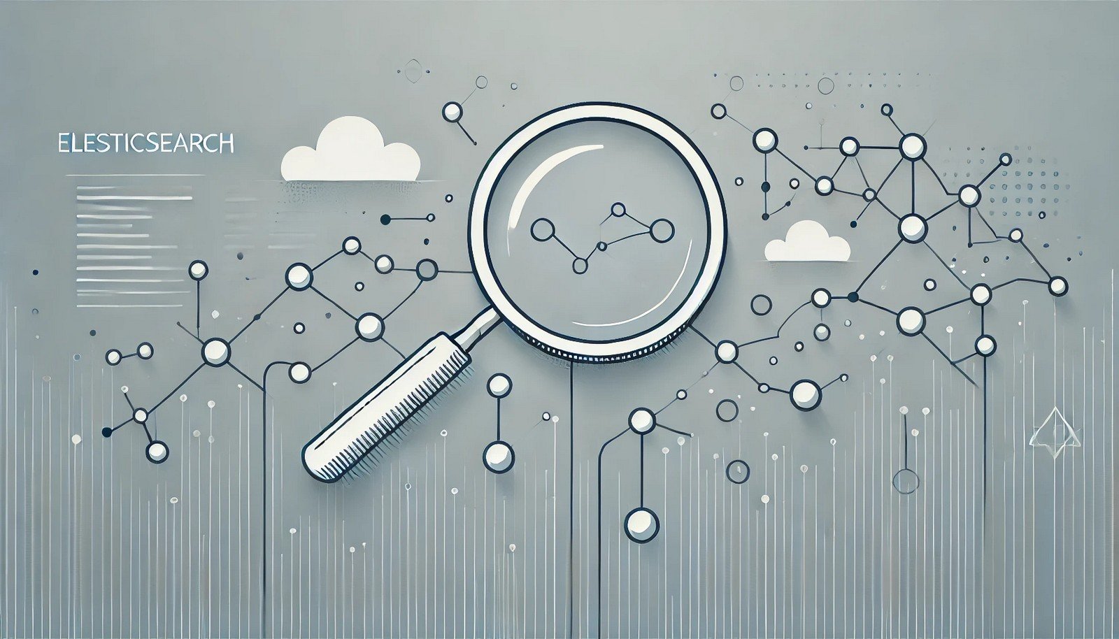 A minimalist illustration depicting Elasticsearch with a magnifying glass over interconnected nodes and lines, symbolizing distributed data retrieval and analysis, set against a subtle background of flowing data streams.