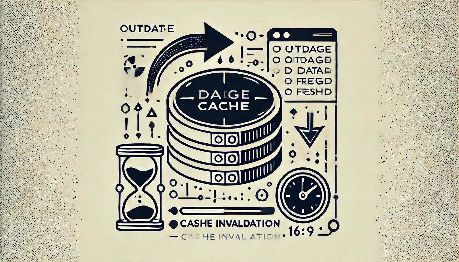 A clean illustration of a computer system with a data cache, showing outdated data being cleared and replaced by fresh data using dynamic symbols like refresh arrows and timers.