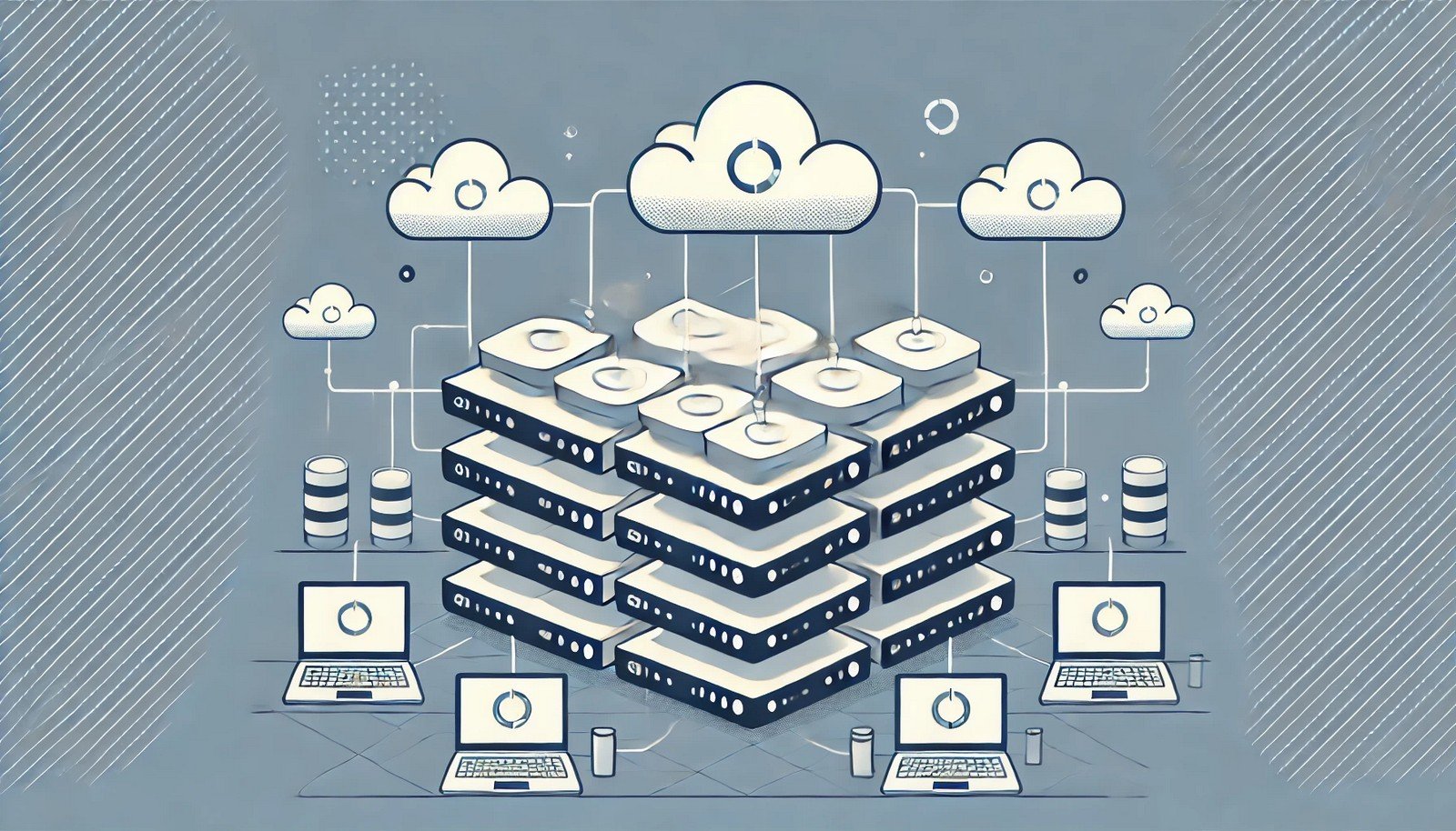 A minimalistic illustration showing multiple interconnected servers symbolizing horizontal scaling in a distributed system. The design highlights workload balance and system scalability, set against a clean, neutral background.