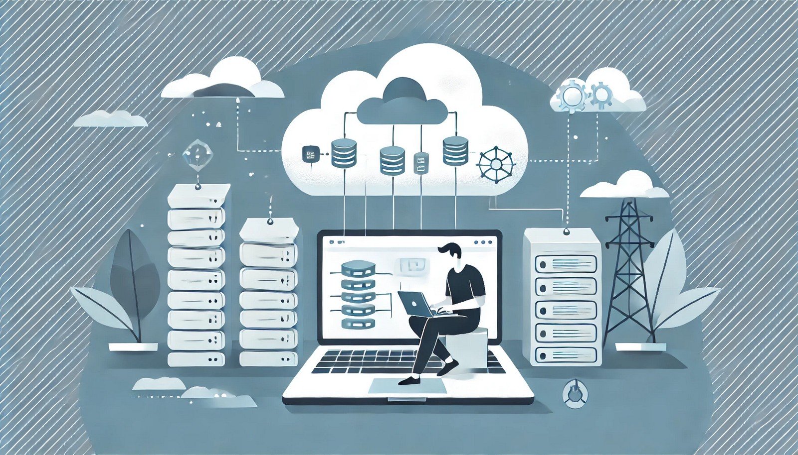 An illustration of serverless architecture showing a developer on a laptop connected to a cloud managing automated server resources, symbolizing event-driven processes and seamless cloud-based infrastructure.