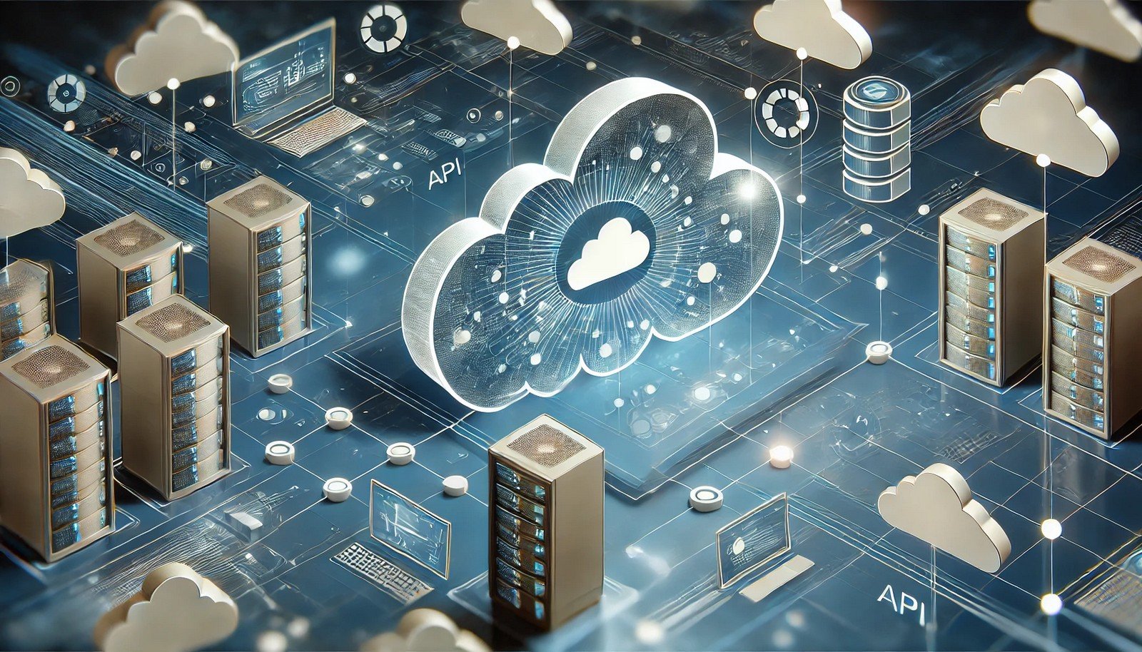 A futuristic digital illustration showing a centralized system orchestrating interconnected cloud resources like servers, storage, and applications, with dynamic lines and cloud elements representing automation and seamless API integration.