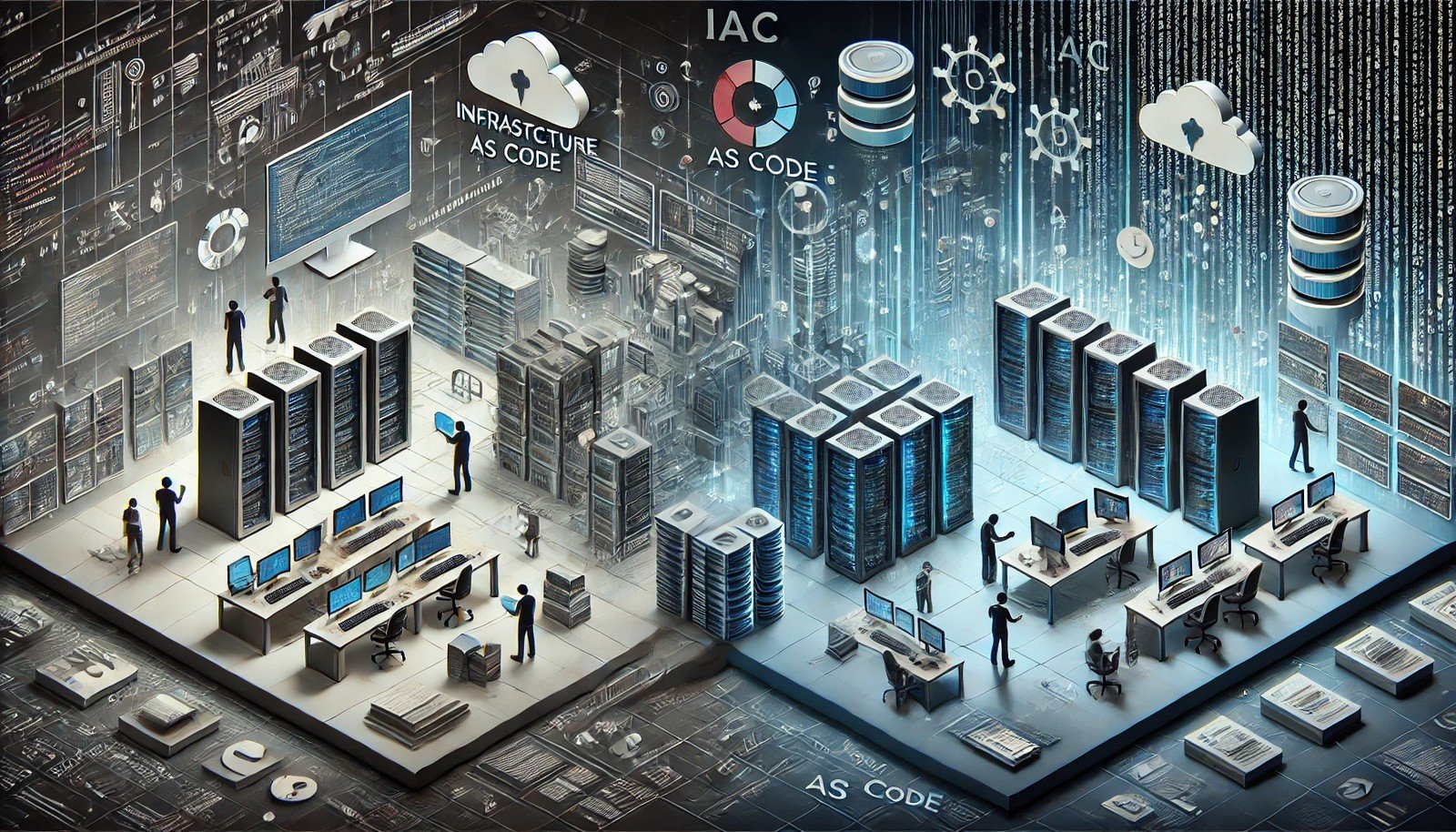 A digital illustration depicting Infrastructure as Code (IaC). On the left, a manual server room with human operators managing hardware, transitioning into an automated digital setup with code flows on the right.