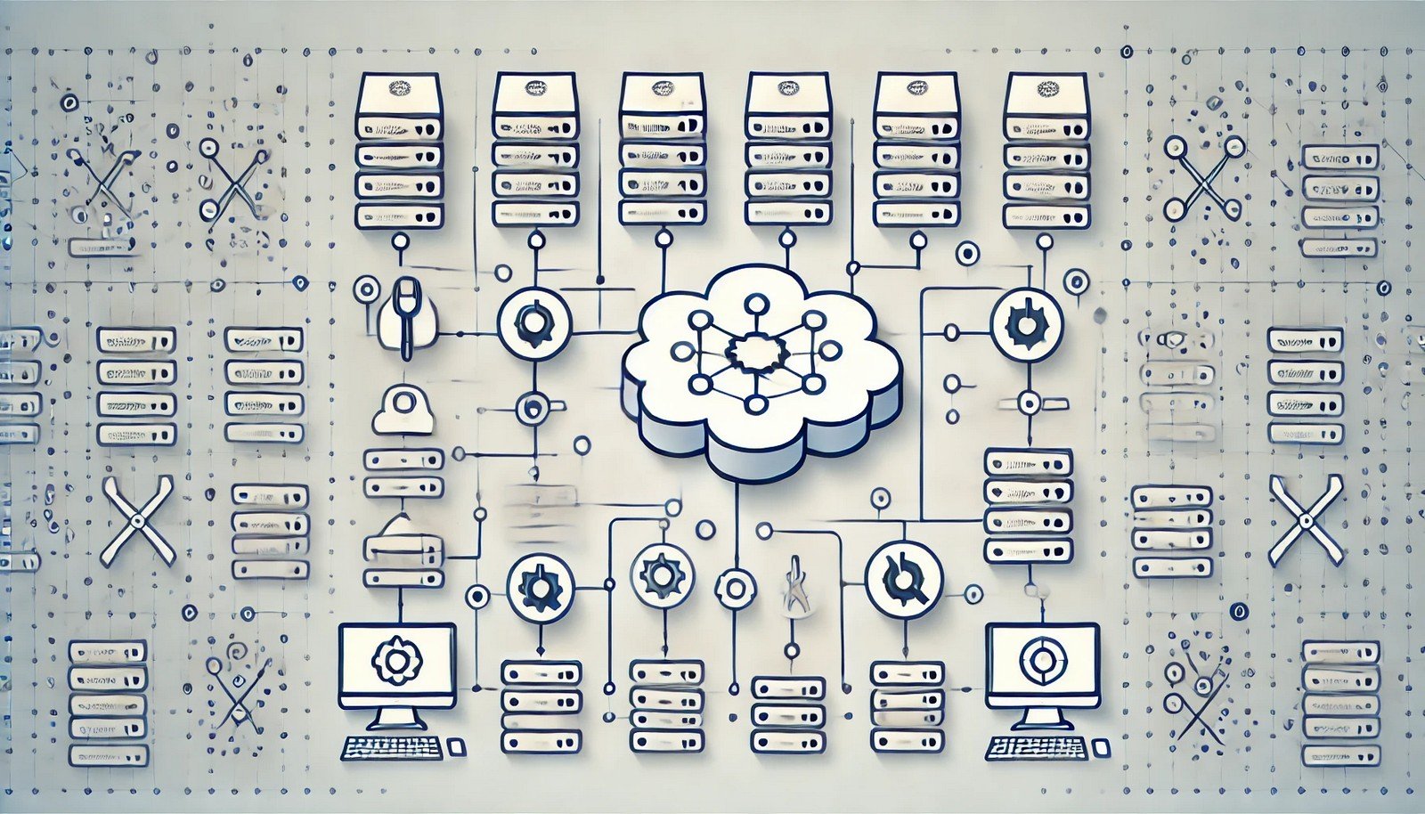 A sleek and minimalistic visual of Configuration Management showing a network of synchronized servers, devices, and software, centrally monitored, symbolizing seamless organization and effective system management.