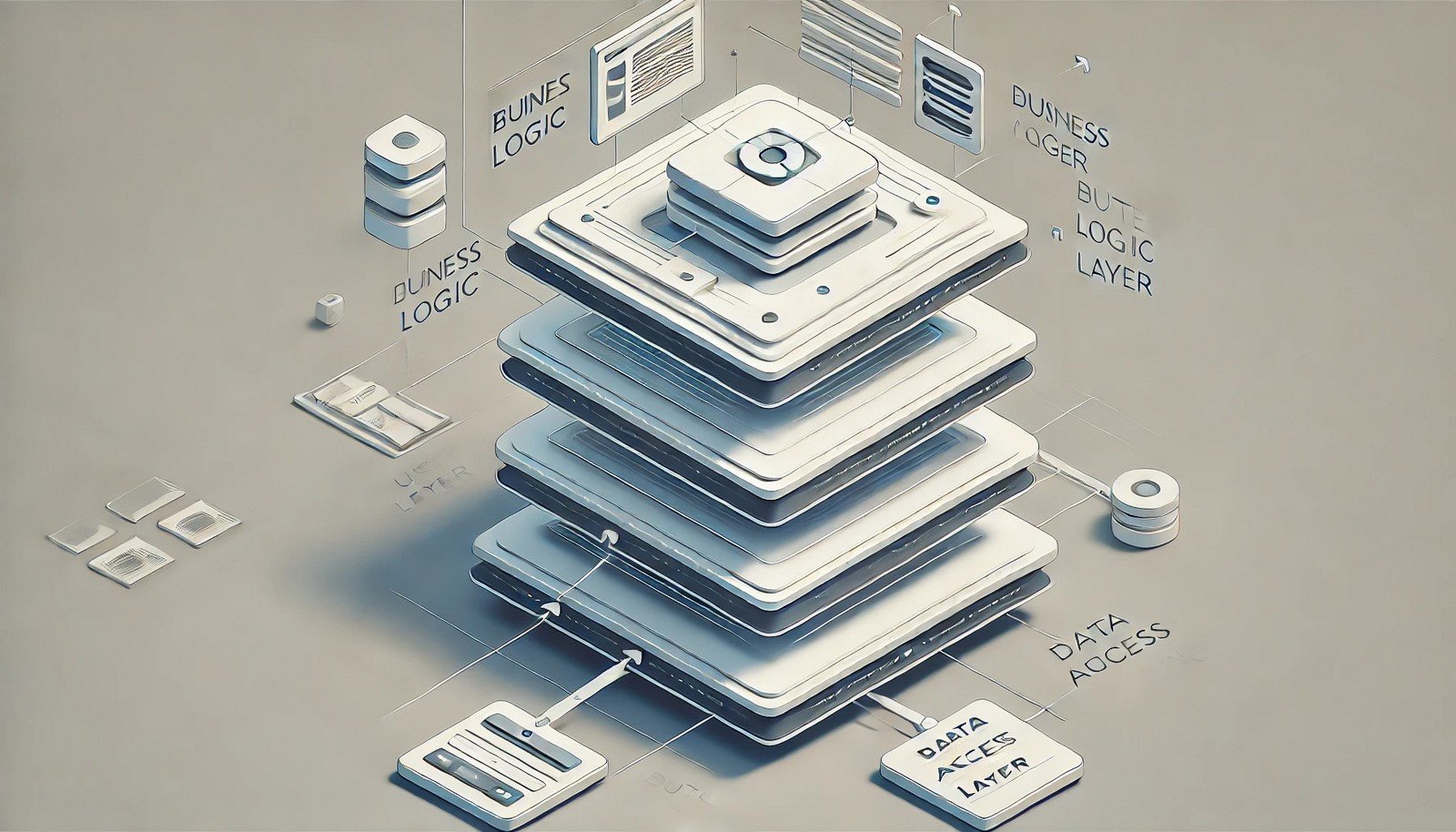 A clean illustration of a layered software architecture highlighting the Business Logic Layer between the user interface layer on top and the data access layer below, with arrows indicating data flow.