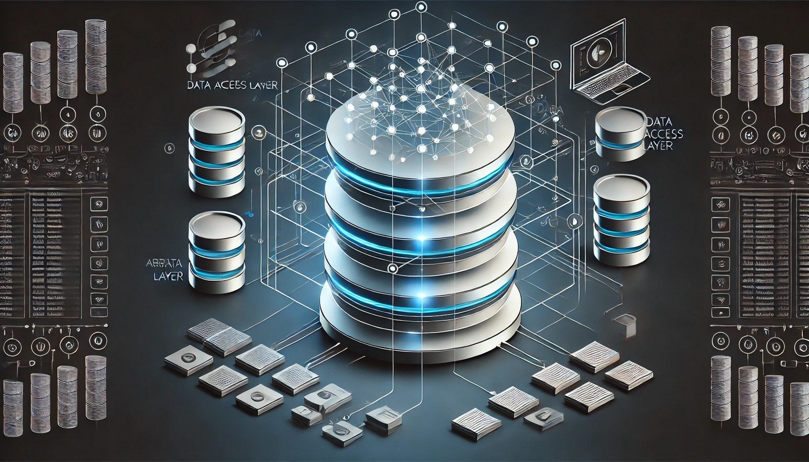 A conceptual illustration of software architecture showing a central abstract layer connecting databases below to an application interface above, highlighting streamlined communication with a clean and modern design.