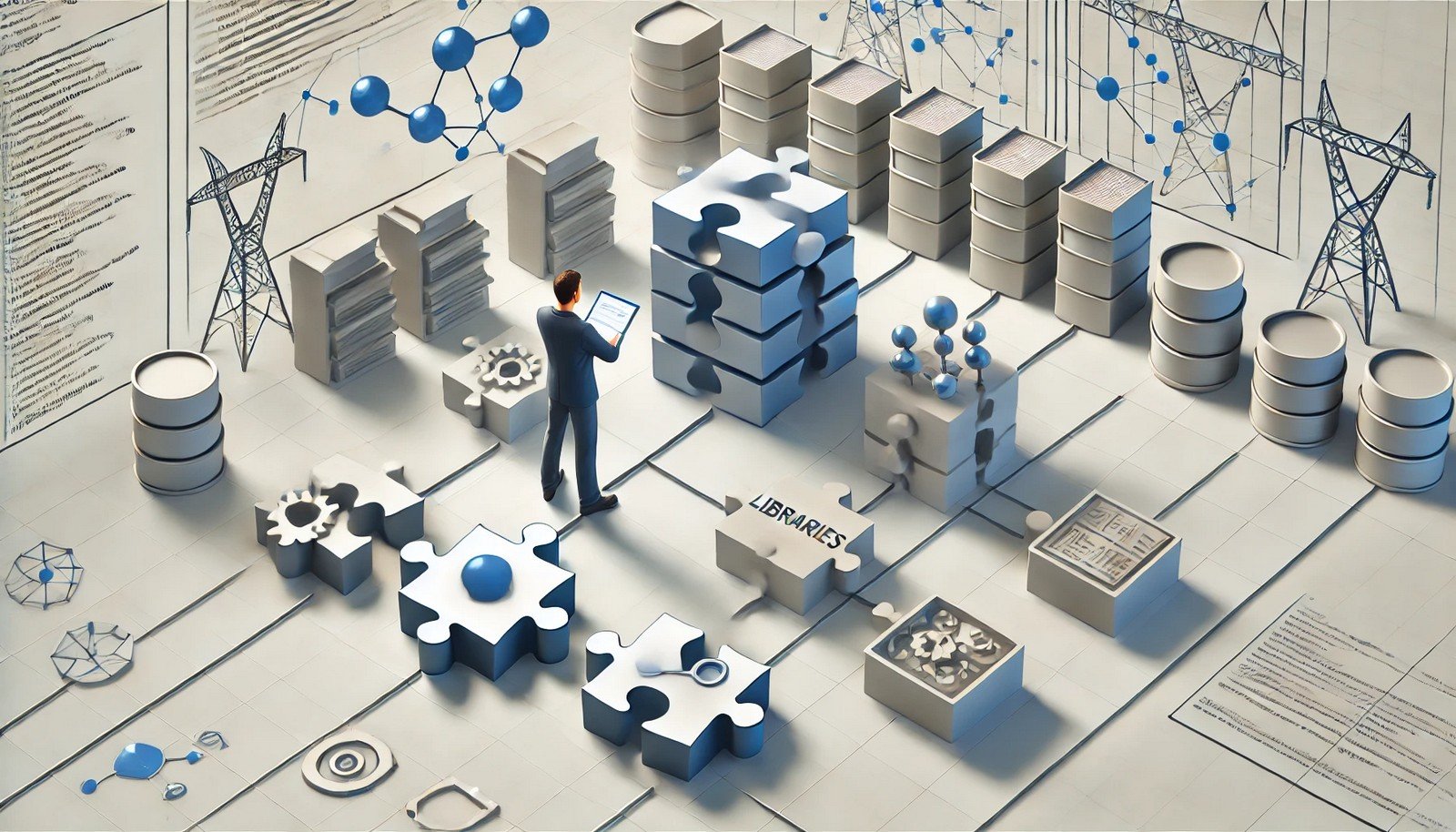 A digital illustration shows a software developer managing interconnected libraries and tools symbolized as puzzle pieces fitting together, with a clean background of nodes and lines depicting dependencies.