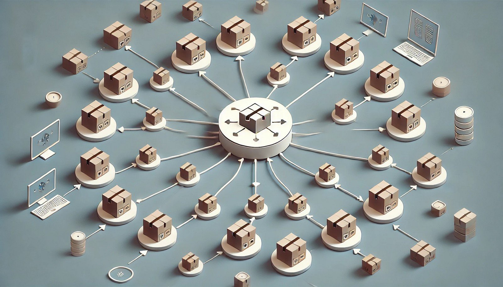 A clean and modern illustration of a package manager, featuring a central hub distributing small labeled boxes to multiple environments with arrows, emphasizing organization and connectivity.