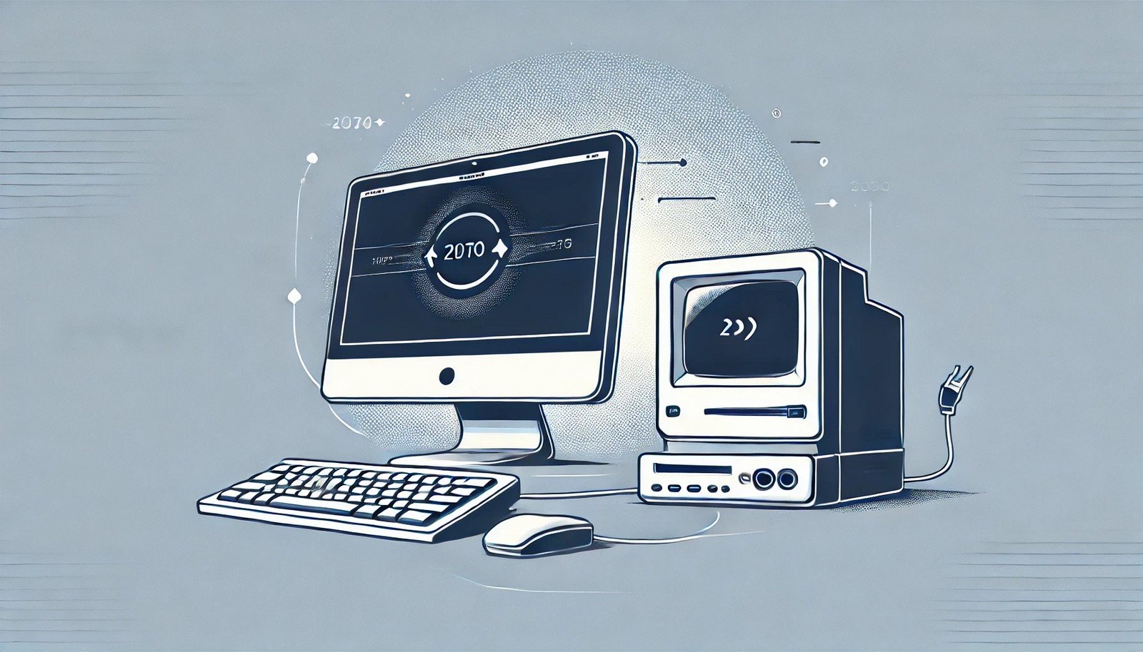 A modern computer and an older device interact seamlessly, showcasing backward compatibility. The illustration emphasizes connectivity and continuity across generations of technology, symbolizing integration of legacy and innovative systems.