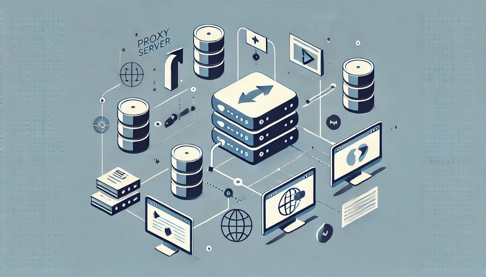 A minimalistic representation of a proxy server, acting as an intermediary with arrows depicting data flow between a user, the proxy, and the internet, including anonymization and filtering visuals.