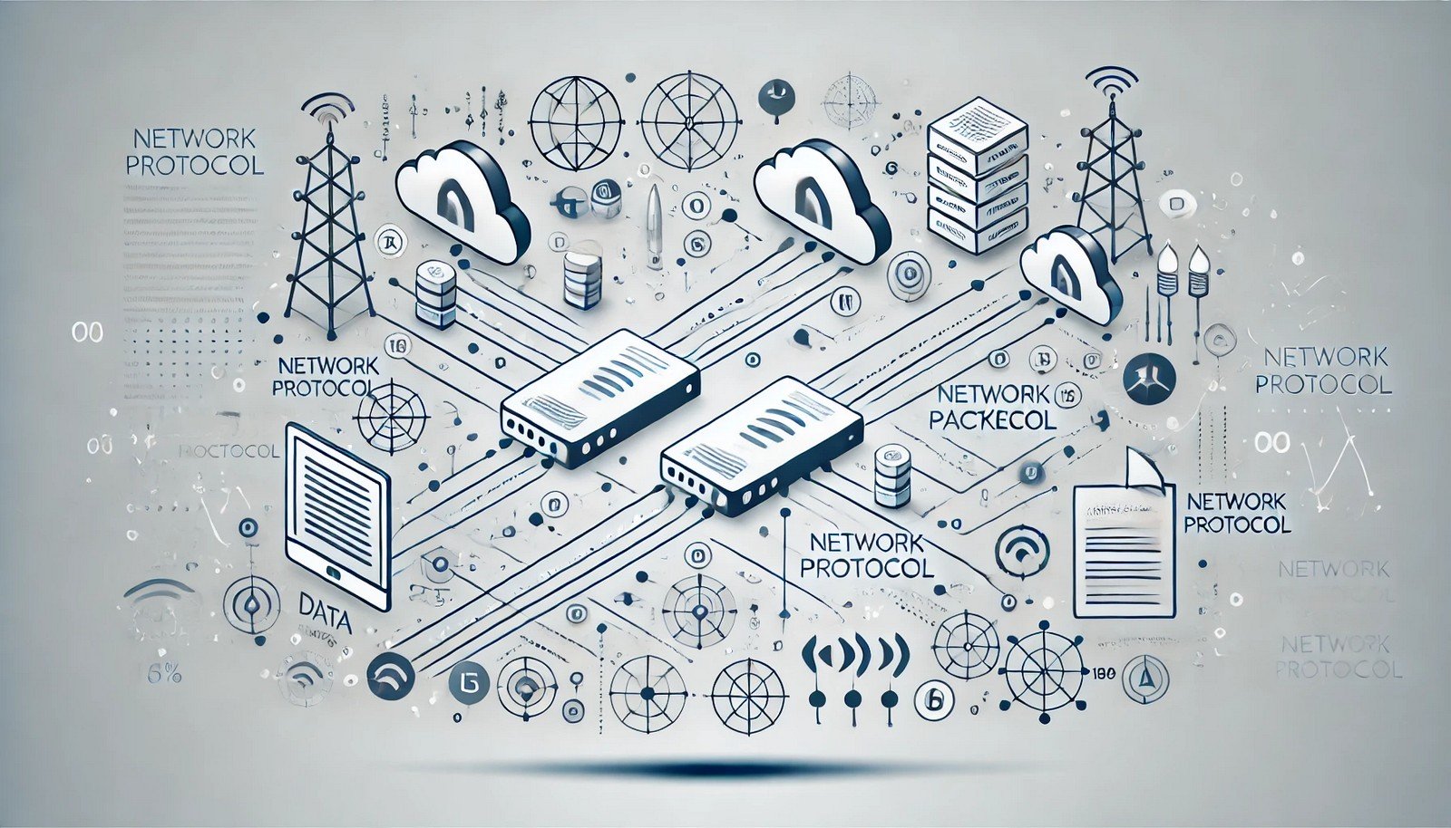 A sleek illustration showing data packets flowing between two devices, interconnected by structured lines and icons that symbolize communication protocols, designed with a clean, minimalistic aesthetic in a 16:9 layout.