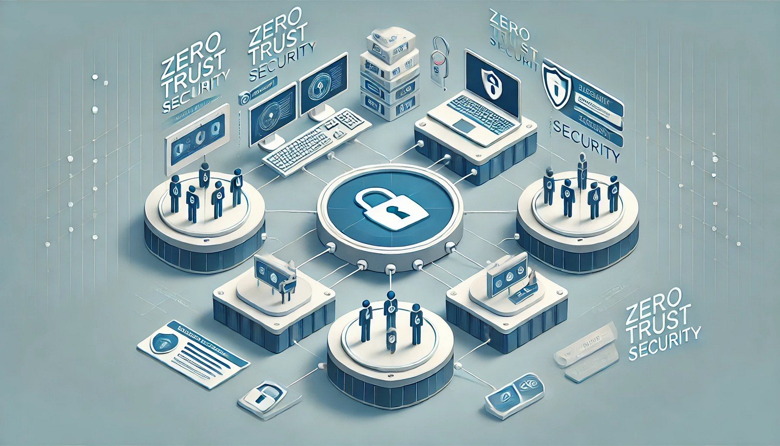 Illustration of Zero Trust Security featuring a segmented digital network with secure checkpoints at multiple layers. Users and devices are shown as icons verified by keycards within distinct, partitioned zones.