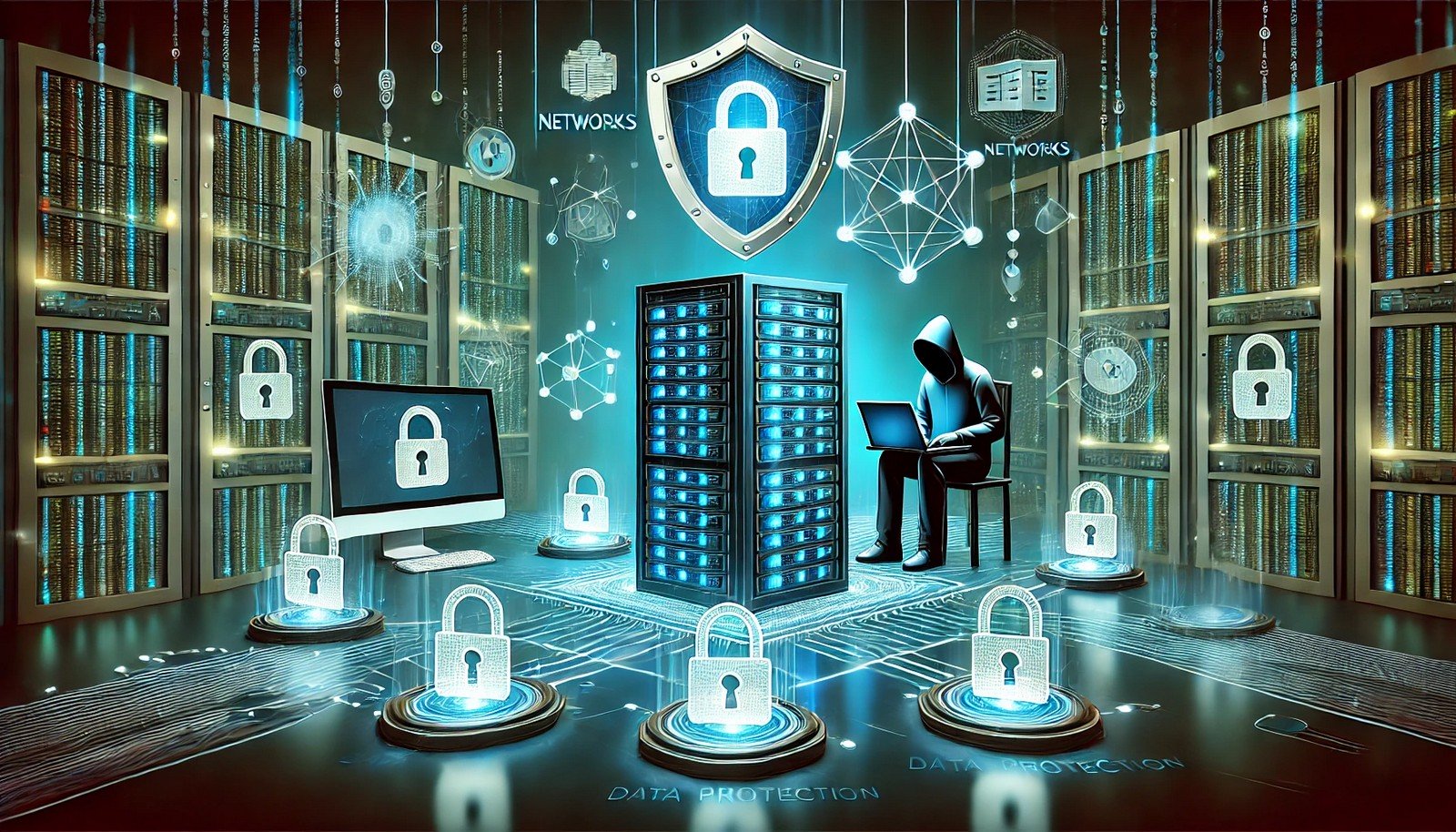 A depiction of cybersecurity penetration testing, showcasing a secure computer system with layered locks, analyzed by an ethical hacker figure, surrounded by icons for networks and shields.