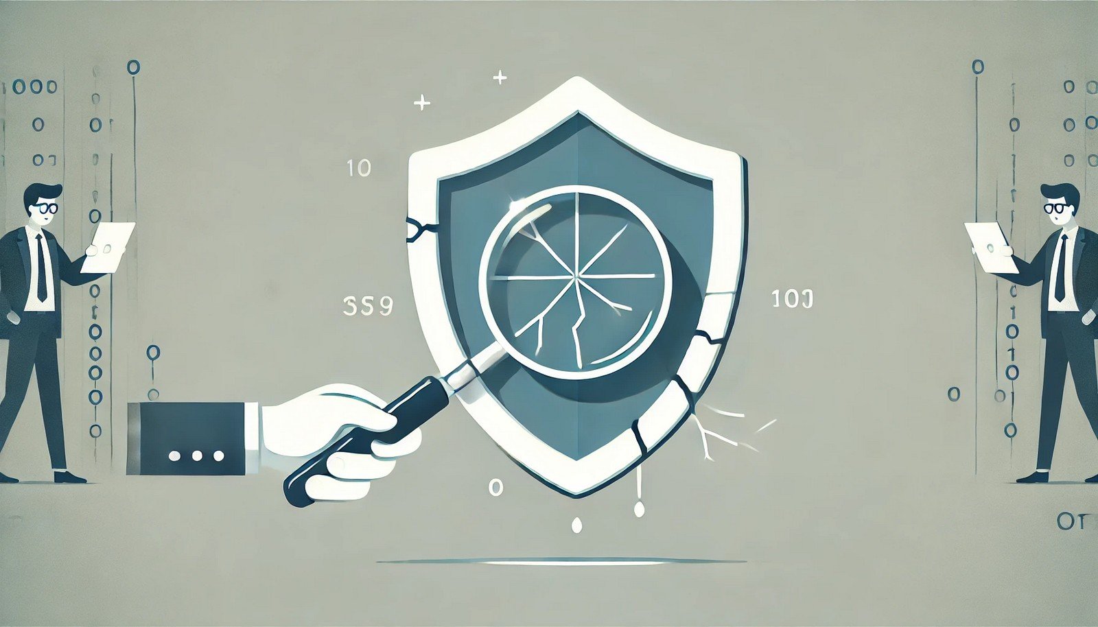 A conceptual illustration of a shield with cracks being examined by magnifying glasses, symbolizing vulnerability assessment and identifying weak points in cybersecurity defenses, set against a light background.