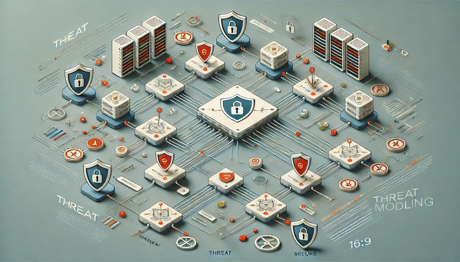 A schematic illustration of threat modeling showing a network system with highlighted vulnerabilities, shields symbolizing protection, pathways for data flow, and threat indicators in a modern design.